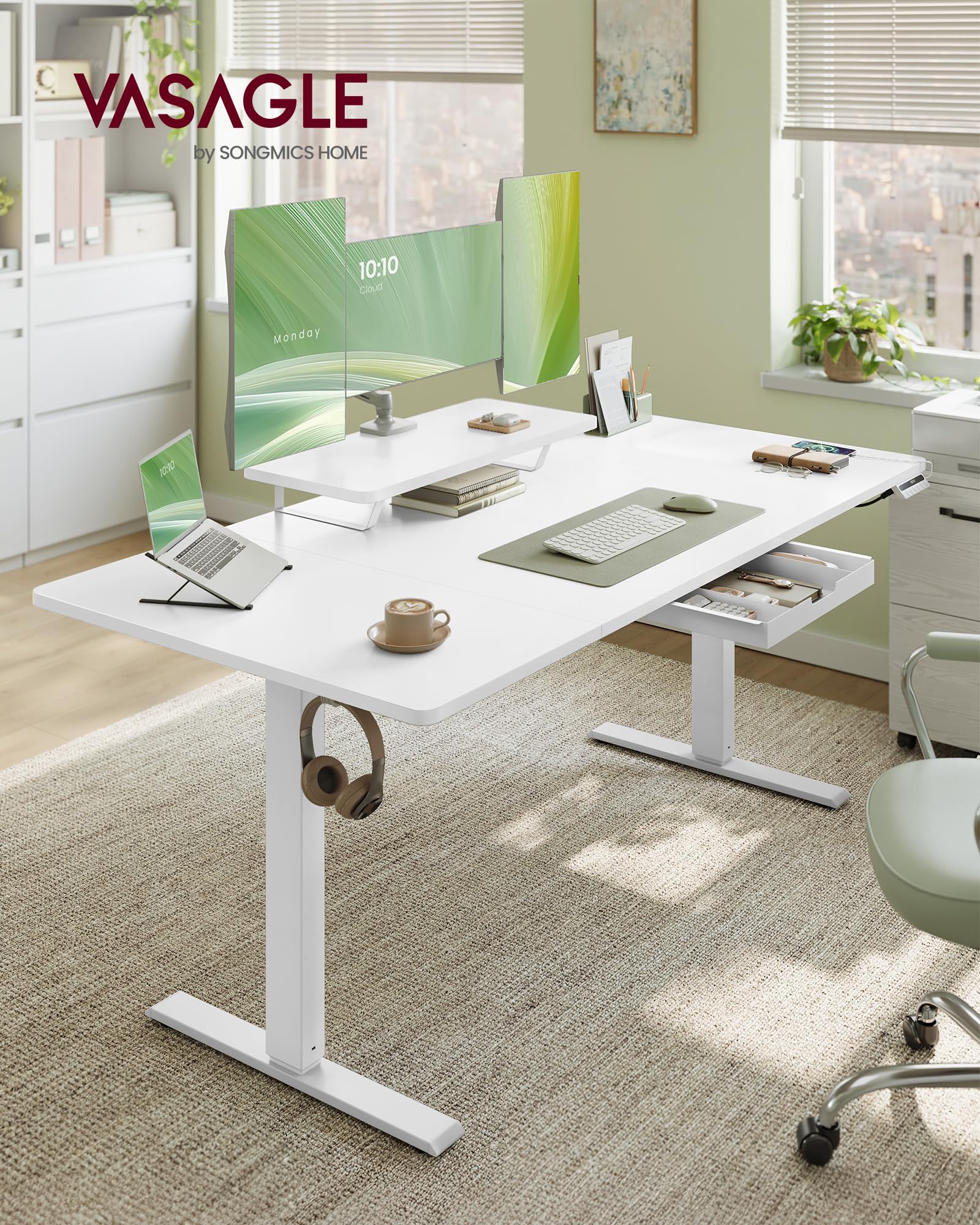 VASAGLE Escritorio Eléctrico Ajustable en Altura, 160 x 80 cm, para Trabajar de Pie, Soporte para Monitor, Cajón, Puerto USB-C, Recordatorio de Sedentarismo, para Oficina, Blanco Nube LSD156WB01