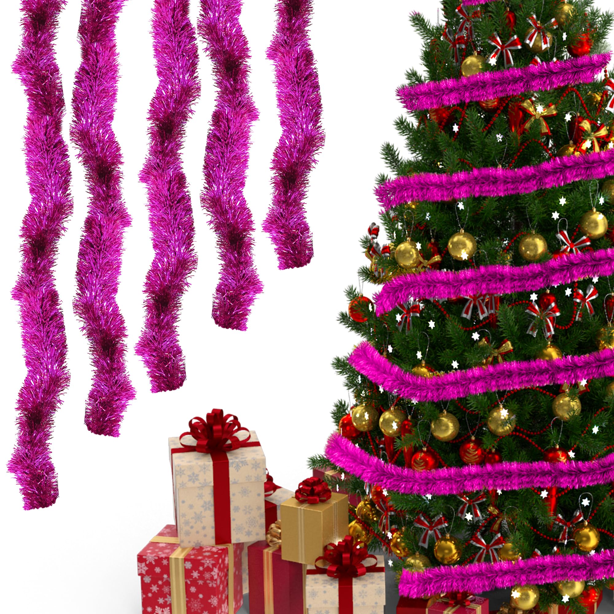 Trimming Shop 10M Rose Pink Christmas Tinsel Garland Shiny Metallic Fine Foil Twist Xmas Tree Garland for Festive Party, Holiday Celebration, Indoor & Outdoor Hanging Decorations