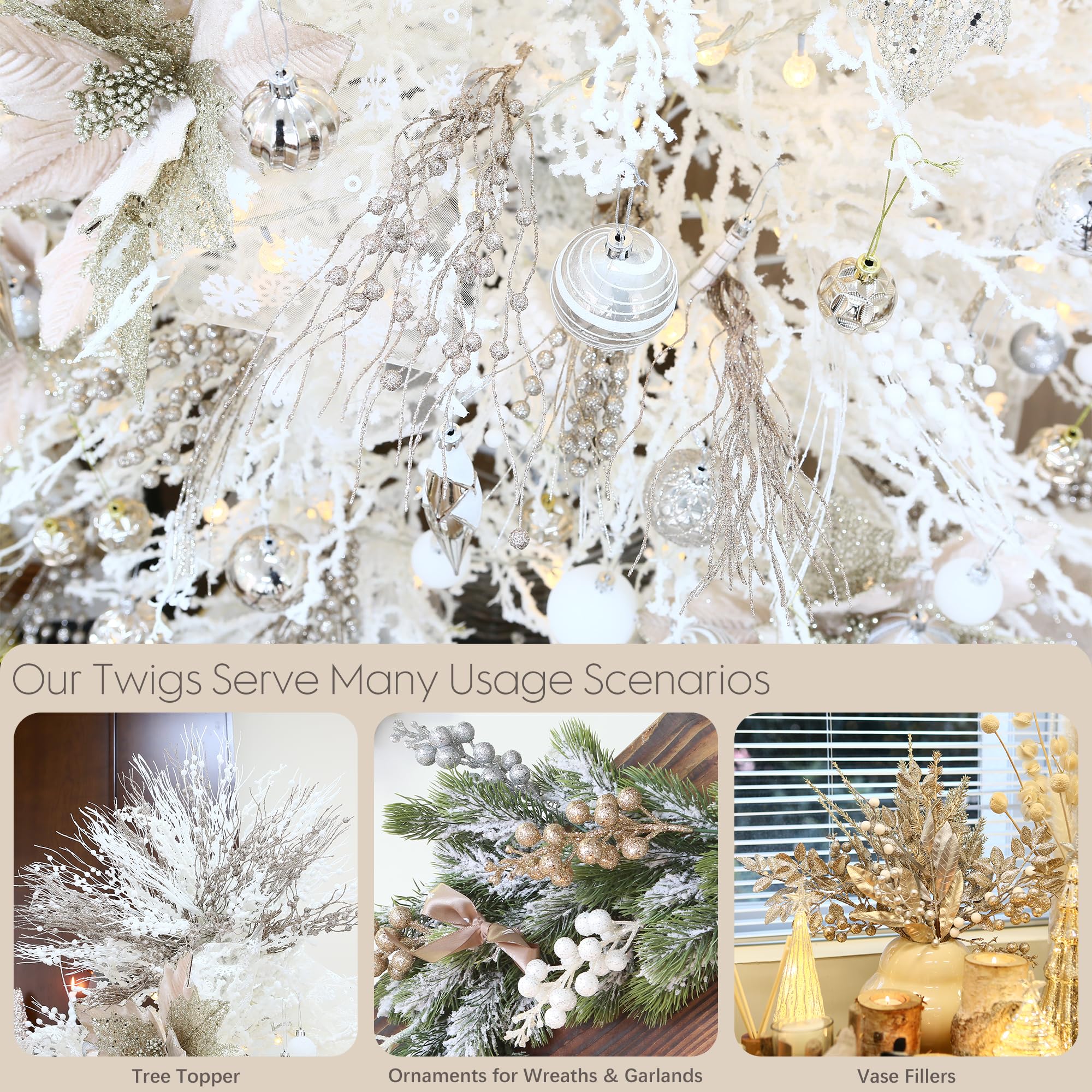 Sea Team Paquete de 12 Adornos de Tallos de Bayas con Purpurina Artificial, Palos Decorativos de Cuentas, ramitas Brillantes, Ramas para árbol de Navidad, jarrón pequeño, Vacaciones, Bodas, Fiestas