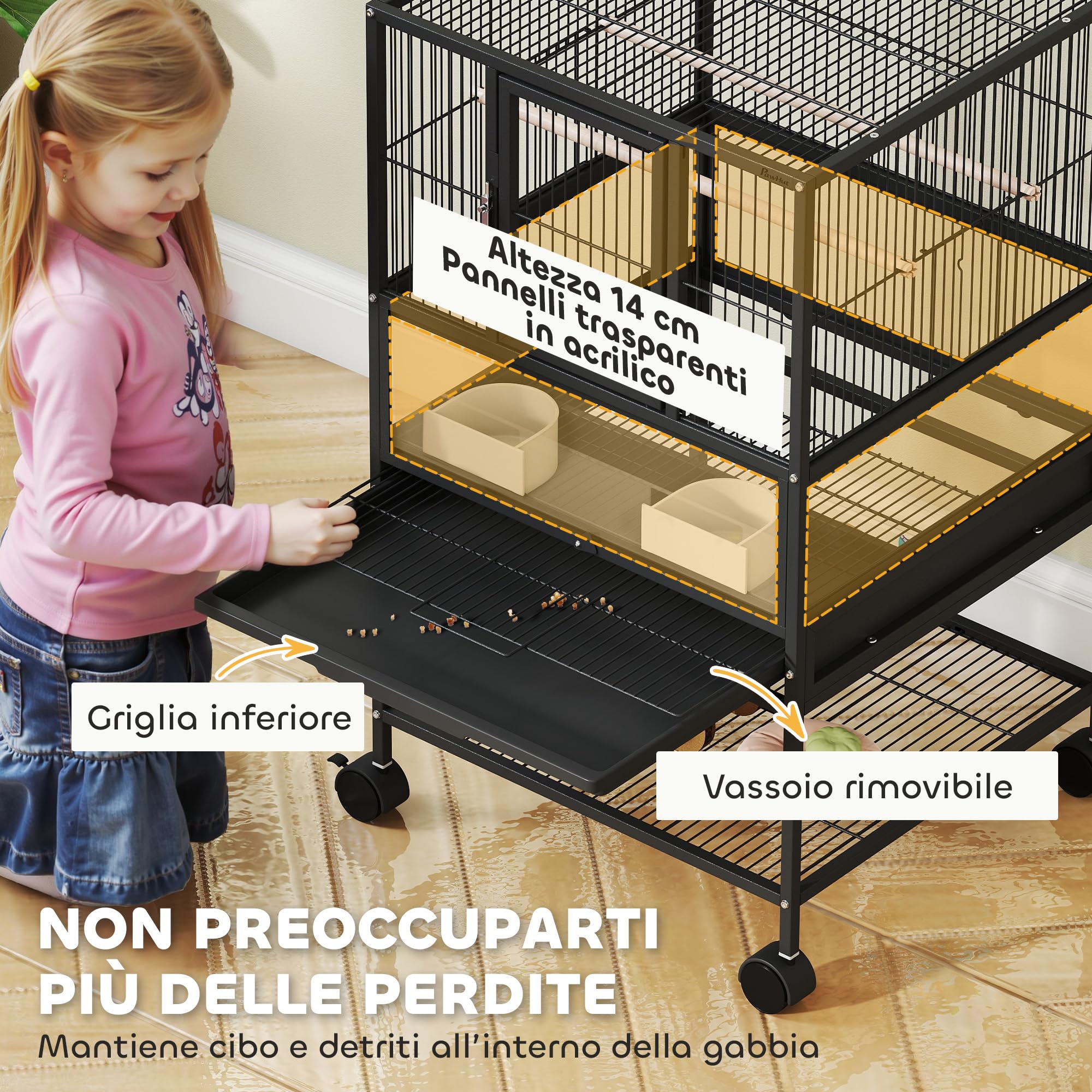PawHut Gabbia per Uccelli a Rotelle con Ripiano Inferiore, Vassoio e Griglia Rimovibili, Gabbietta per Uccelli in Acciaio e PP, 48x46x83 cm, Nero