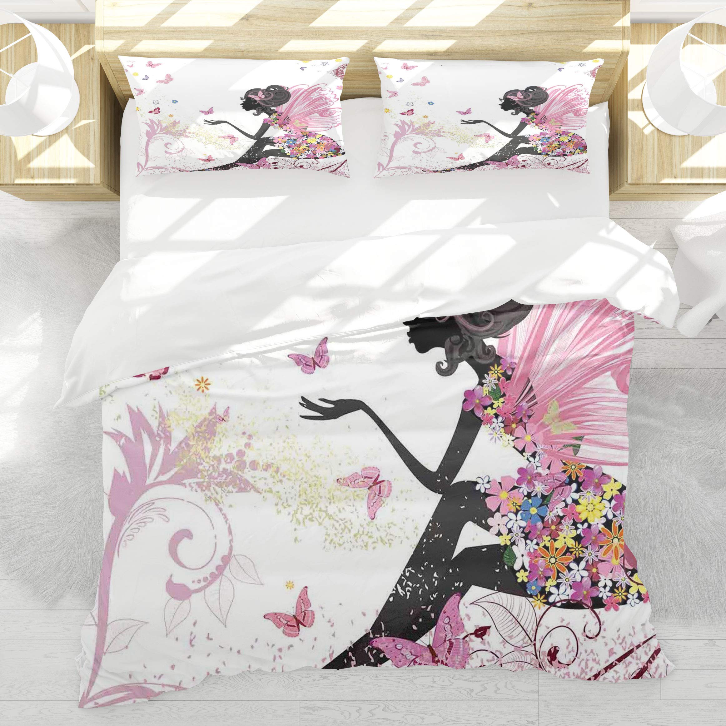 Housse de Couette Papillon 140x200cm pour Fille avec 2 Taies d'Oreiller sur le Thème des Fées