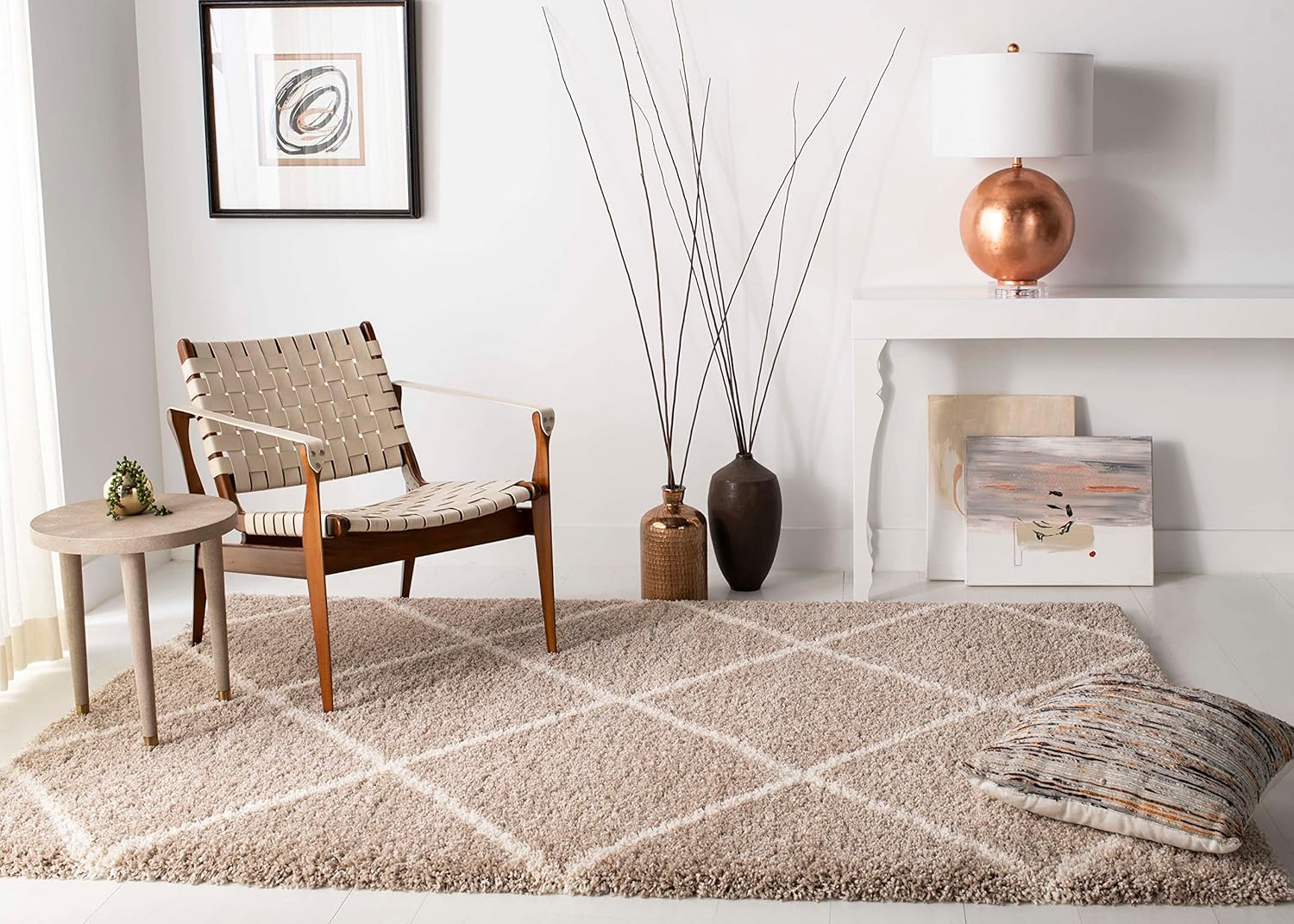 SAFAVIEH Hudson Shag Collection Area Rug - 6' x 9', Beige & Ivory, Modern Trellis Design, Non-Shedding & Easy Care, 2-inch Thick Ideal for High Traffic Areas in Living Room, Bedroom (SGH281S)