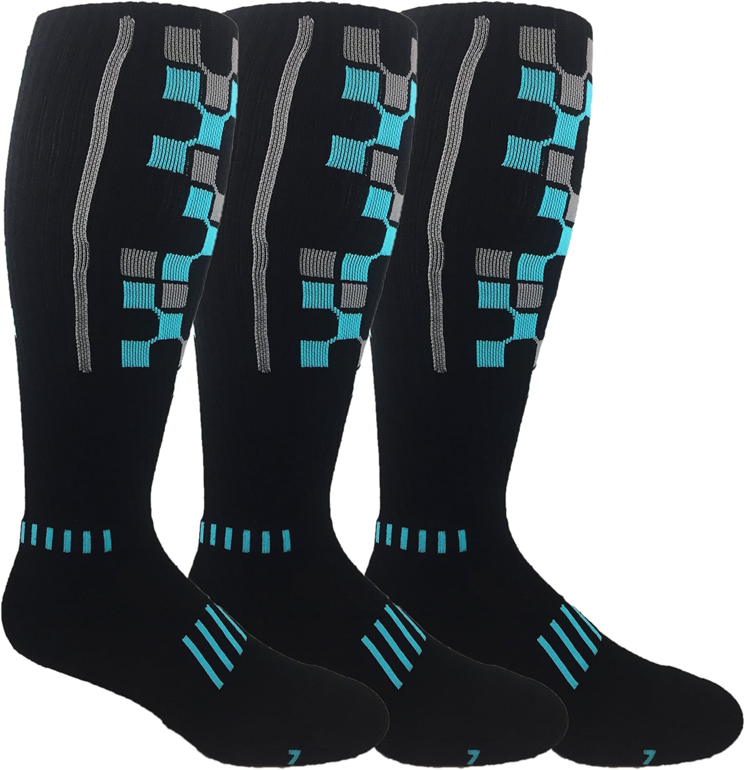 MOXY Socks Cushioned Knee-High Fitness Socks 3-Pack, Black with Cyan and Gray Geometric Pattern, Stay-Up Over-the-Calf Athletic Socks for Training, Running, Lifting