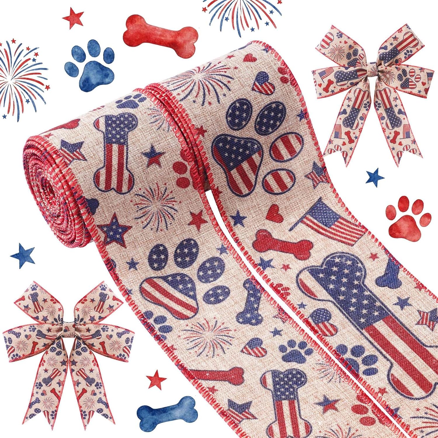 Patriotic Paw Print Wired Ribbon, USA Flag Pet Dog Design, 2.5" x 10 Yards