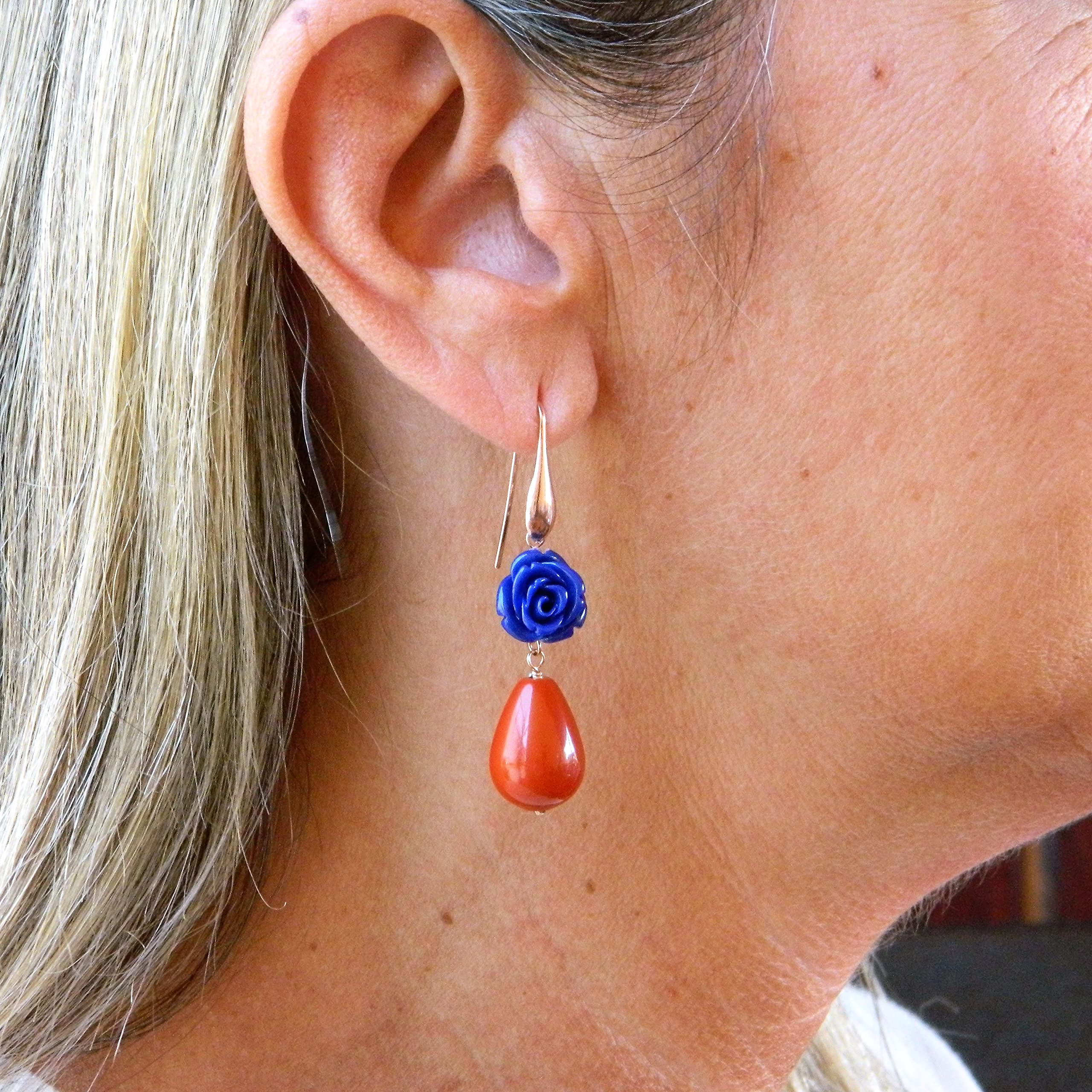 DodiGioielli Orecchini Pendenti Rosellina Blu in Resina e Gocce in Pasta di Corallo Rosso Sardegna | Gancetto in Argento 925 Placcato Oro Rosa | Gioielli Artigianali Made in Italy