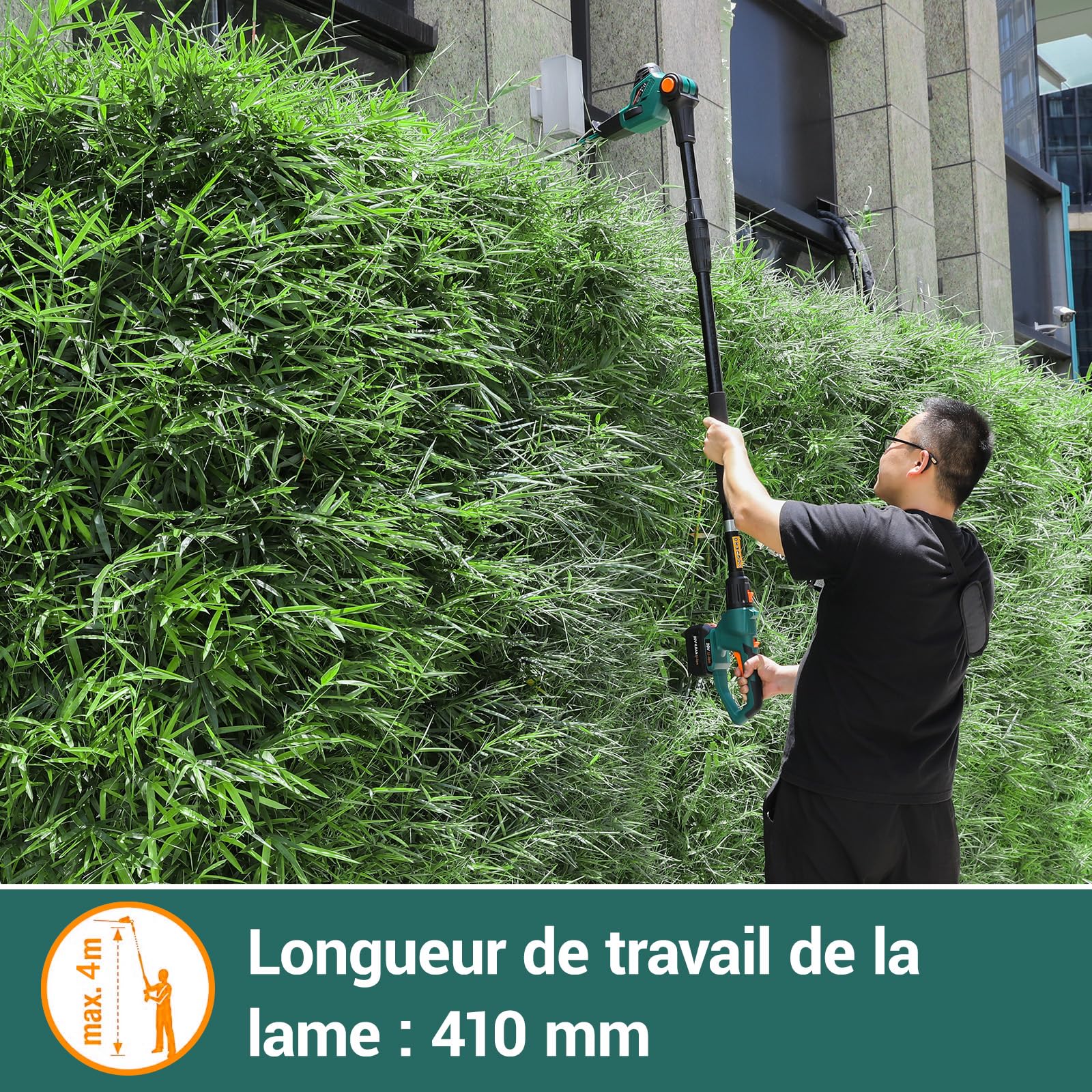 2-en-1 Élagueur sur Perche et Taille Haie Télescopique sans Fil, Batterie Li-ION 20 V 4 Ah/Chargeur, Poignée Principale Orientable, Tête Inclinable, Portée 4 m, Bandoulière Incluse