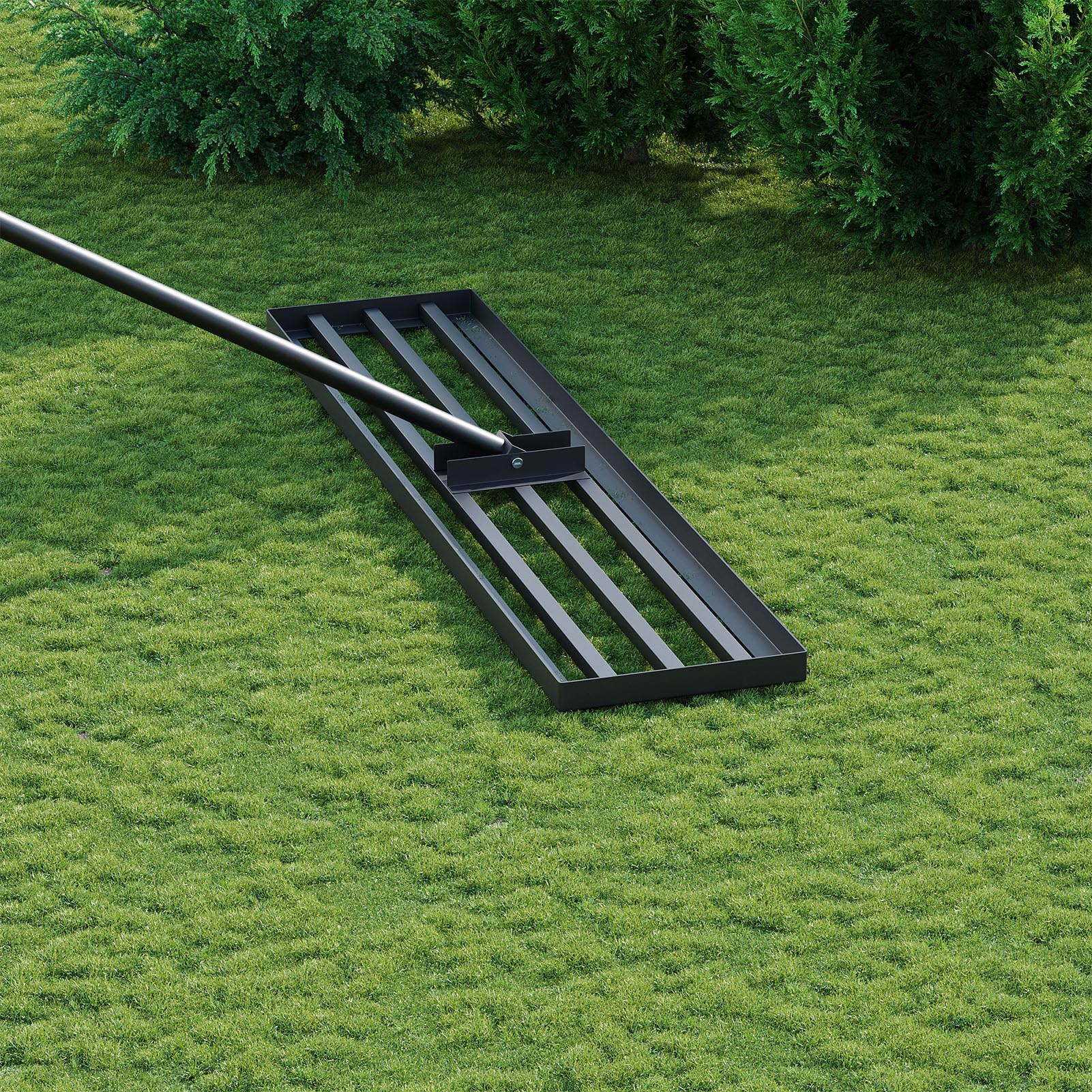 Lawn Levelling Rake 114x25cm, Heavy Duty Metal Landscape Rake with 213cm Handle for Soil, Sand, Grass, Garden & Golf Course (Black)