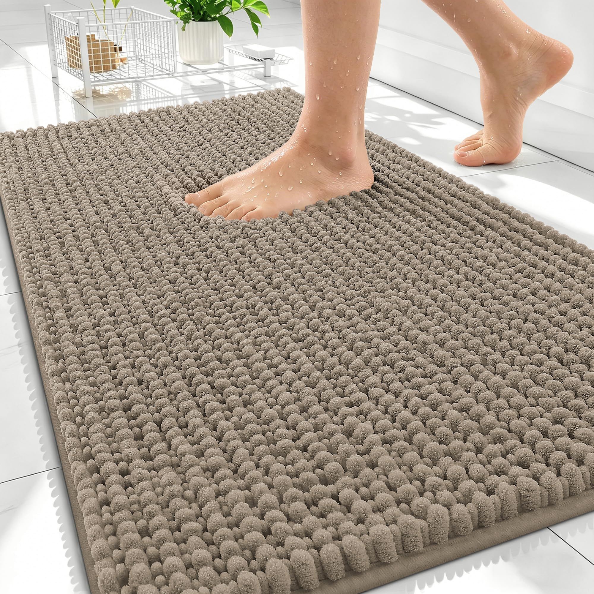 OLANLY Thick Chenille Absorbent Bathroom Rugs Mat 30x20, Warm Taupe