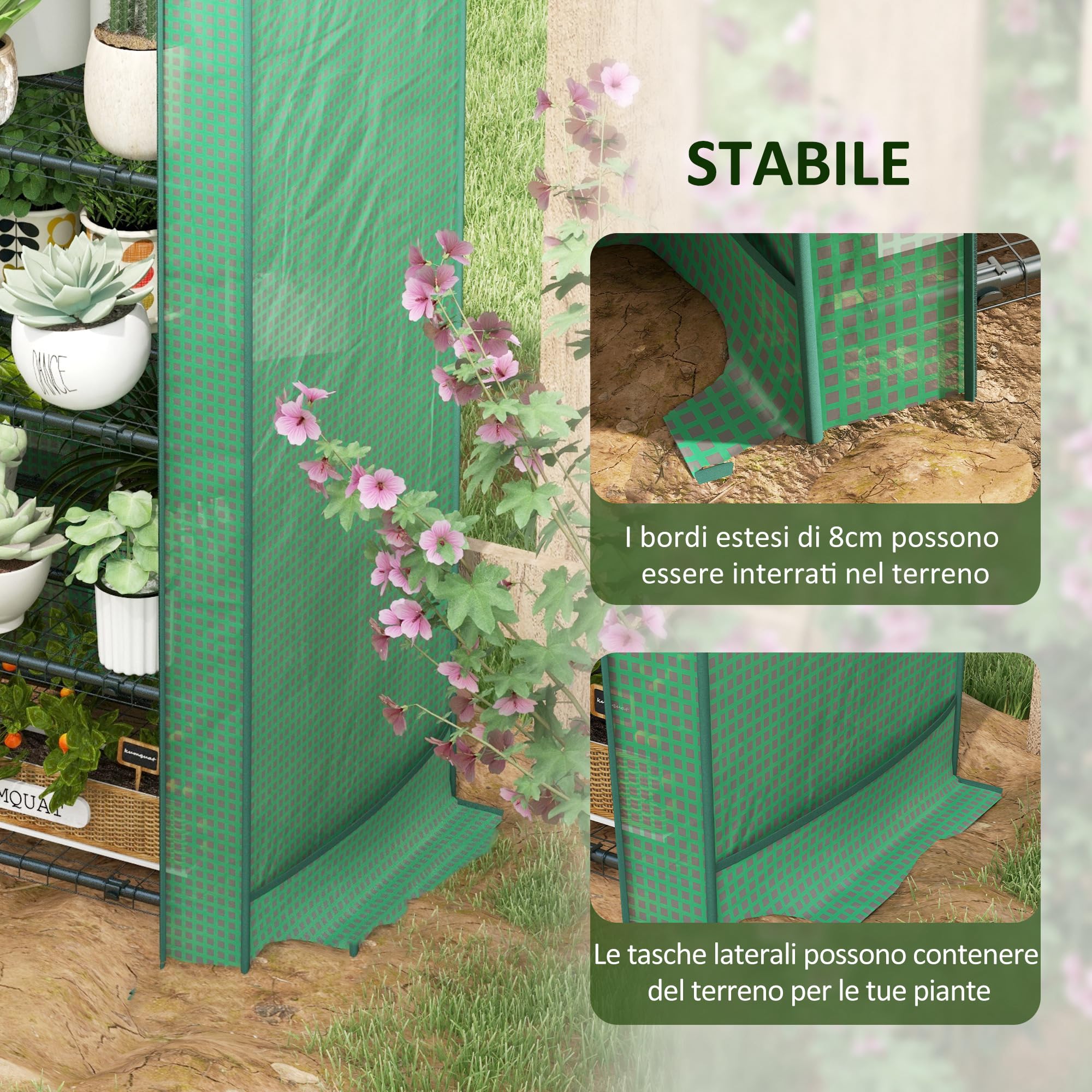 Outsunny Serra per Piante a 4 Ripiani con Porta Avvolgibile, Piccola Serra in Metallo e PE, 69x49x158 cm, Verde scuro