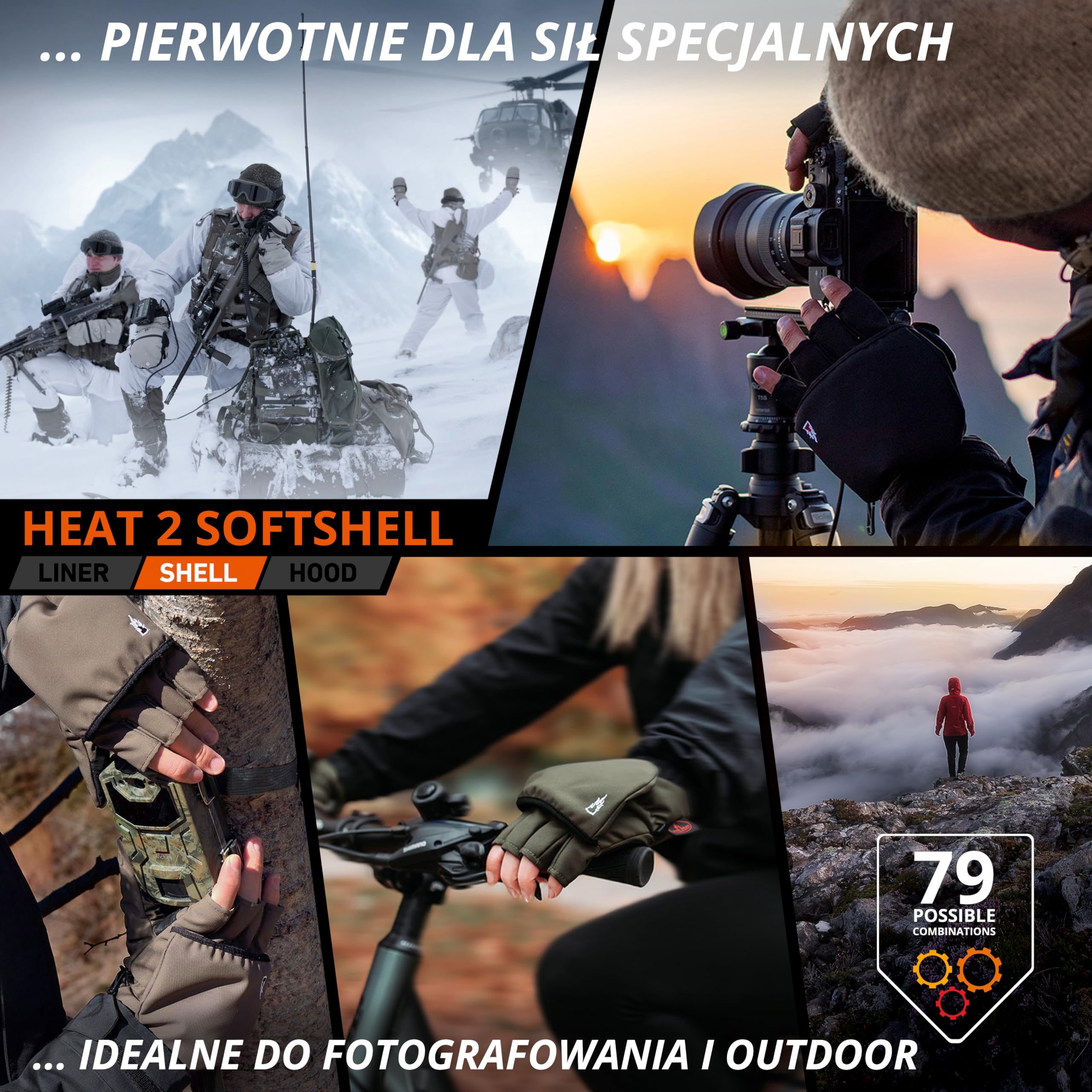 THE HEAT COMPANY - HEAT 2 SOFTSHELL - rękawiczki bez palców do ekranów dotykowych i mitenki w jednym - jakość premium - ciepłe rękawiczki zimowe i rowerowe - chronią przed zimnem podczas uprawiania sportu i pracy