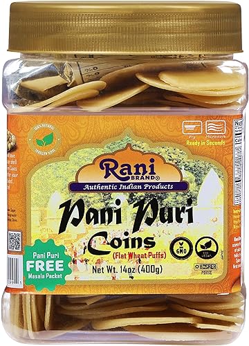 Rani Pani Puri Monedas (monedas de sémola de trigo sin cocer, aptas para microondas) 14 onzas (14.11 oz) con Pani Puri Masala (mezcla de 14 especias