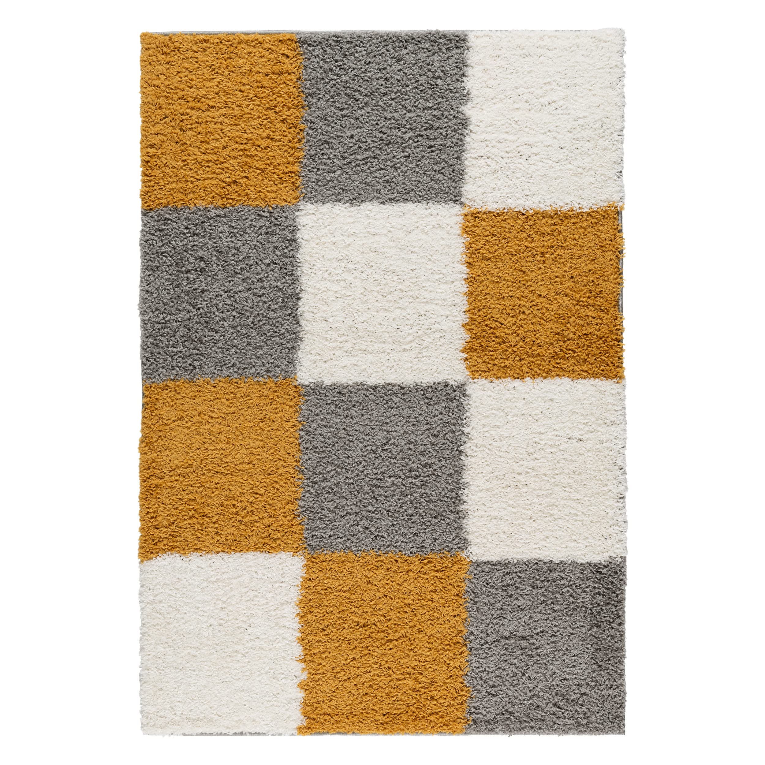 Tapis de salon shaggy à poils longs carreaux dorés 120x170 cm