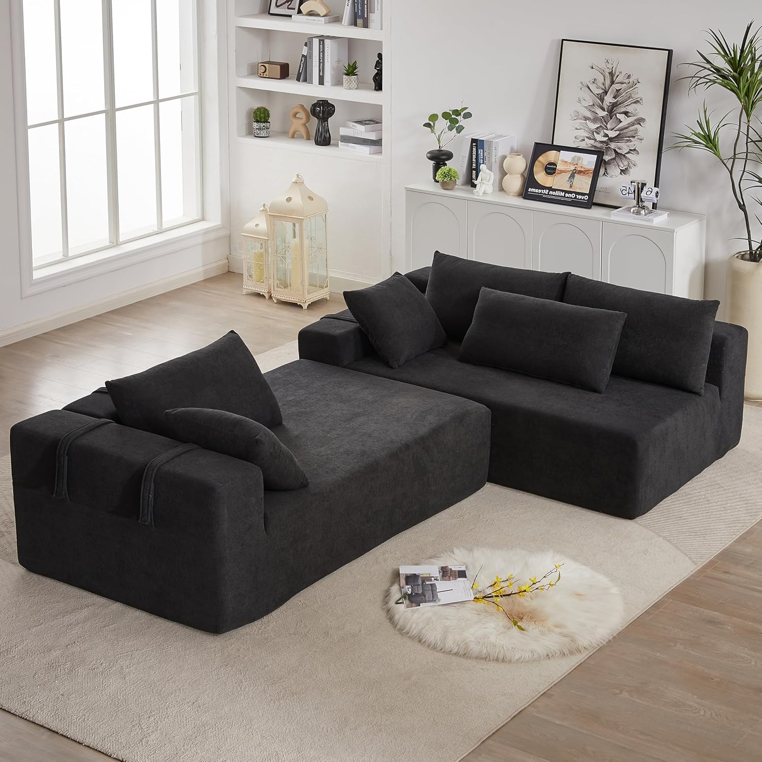 KEIKI 108" L Shaped Chenille Modular Sectional Couches Sofa with 6 Pillows, 4 Seater Oversized Upholstered Cloud Couch for Living Room Apartment, Full Sponge Compression, Black, Left Chaise