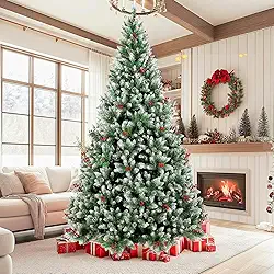 Árvore de Natal 2,40m, 1650 Galhos, Arvore de Natal com Ramos com Efeito Gelado, Pinhas Naturais e Cerejas Realistas, Arvore Natal 2,40 Decorada, Arvore de Natal Nevada 2,40