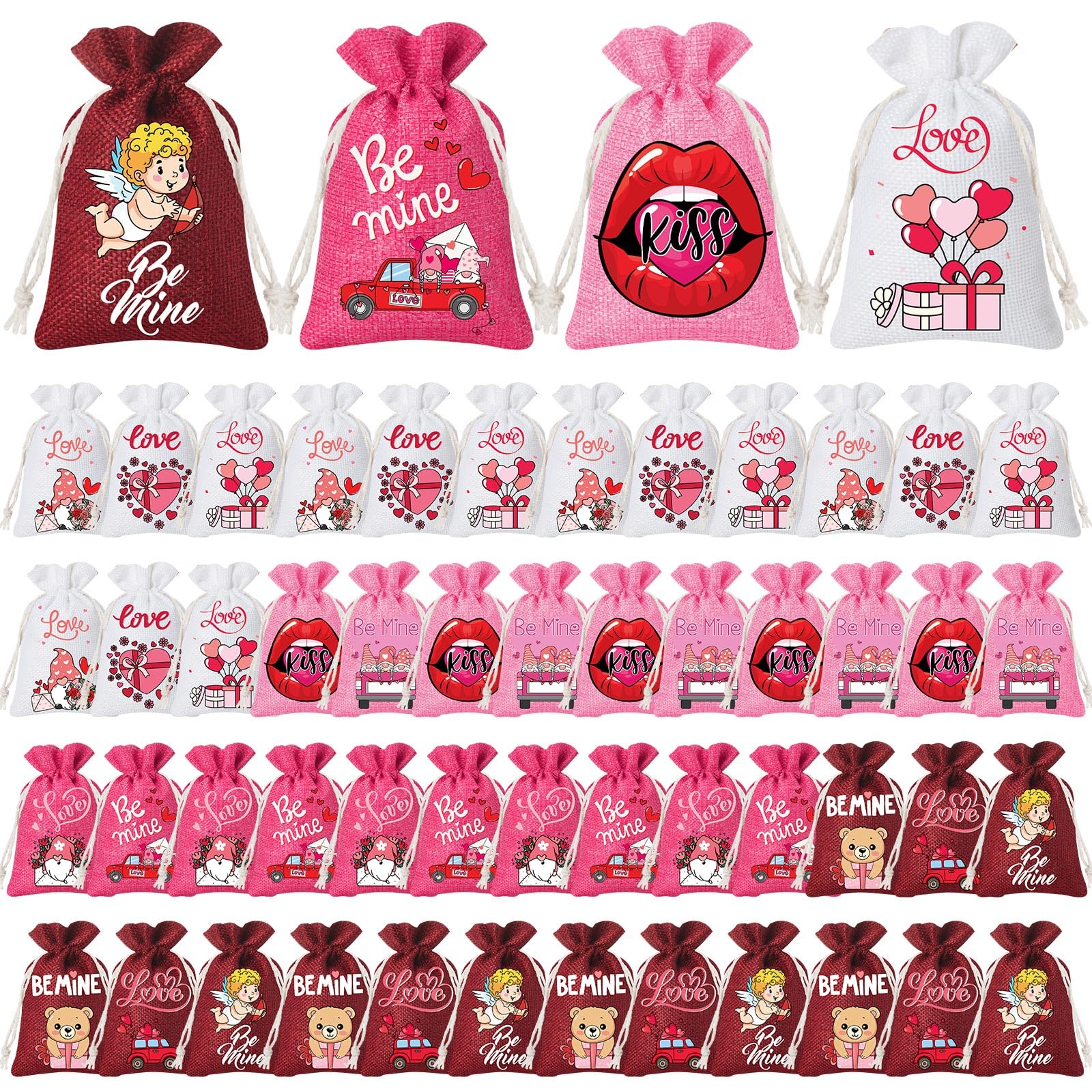 50 Pcs Valentine's Day Burlap Treat Bags 4 x 6 Inch Valentine's Day Burlap Gift Bags Mini Drawstring Bags Valentine's Day Goodie Bags Valentine's Day Jute Linen Burlap Candy Bags for Party