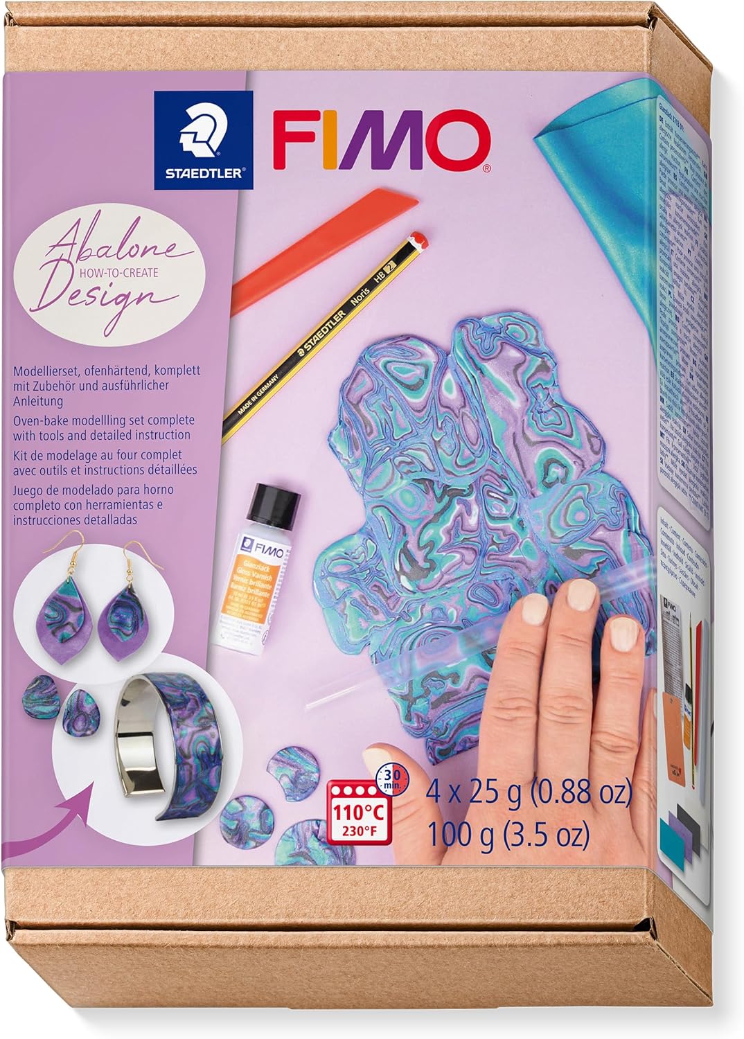 STAEDTLER 8025 HTC4 FIMO Oven-Hardening Polymer Modelling Clay - How-to-Create-Set, Abalone Design (Pack of 9 Pieces Including FIMO Soft Blocks and Accessories)