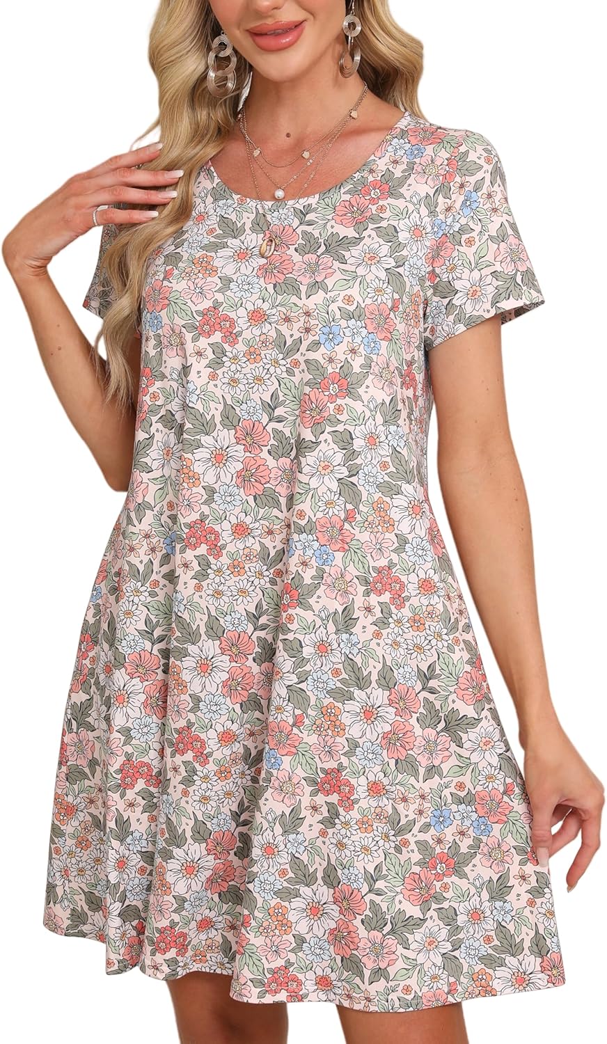 Womens Summer Casual Dresses Paisley Floral T Shirt Dress Short Sleeve Plus Size Sundress Swing Boho Dress with Pockets