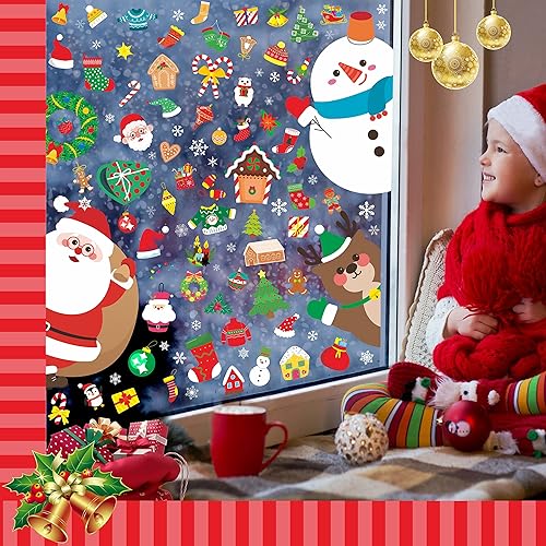 Miniatura 6 de 380 calcomanías de Navidad para ventana, calcomanías estáticas coloridas, campanas de reno, copos de nieve, decoración de Navidad, reutilizables,