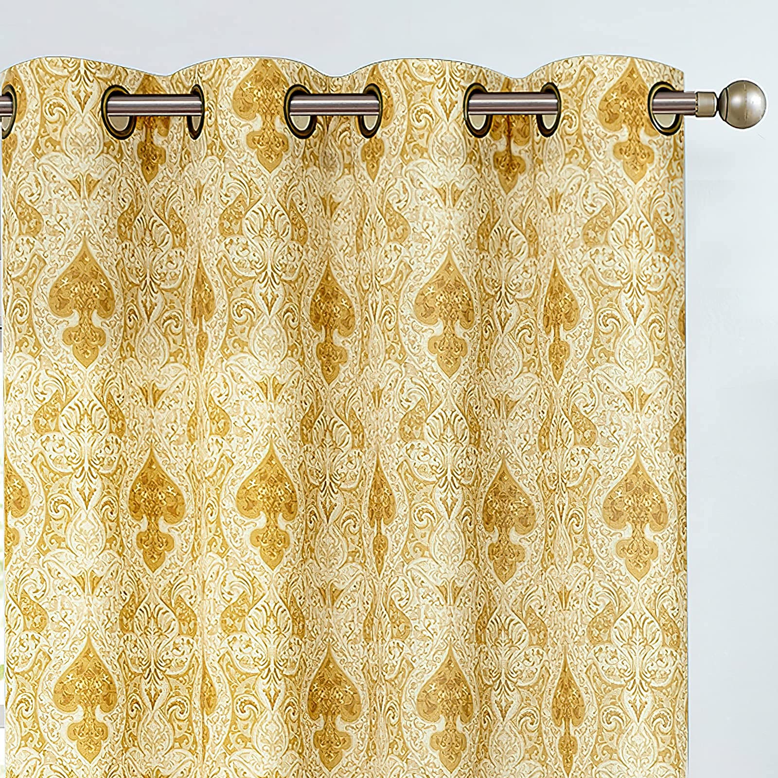 jinchan Vintage Damask Print Bedroom Curtains 2 Panel Set Linen Textured Multicolor Medallion Window Curtain Set for Living Room Drapes 2 Panels 96 Inch Long Gold