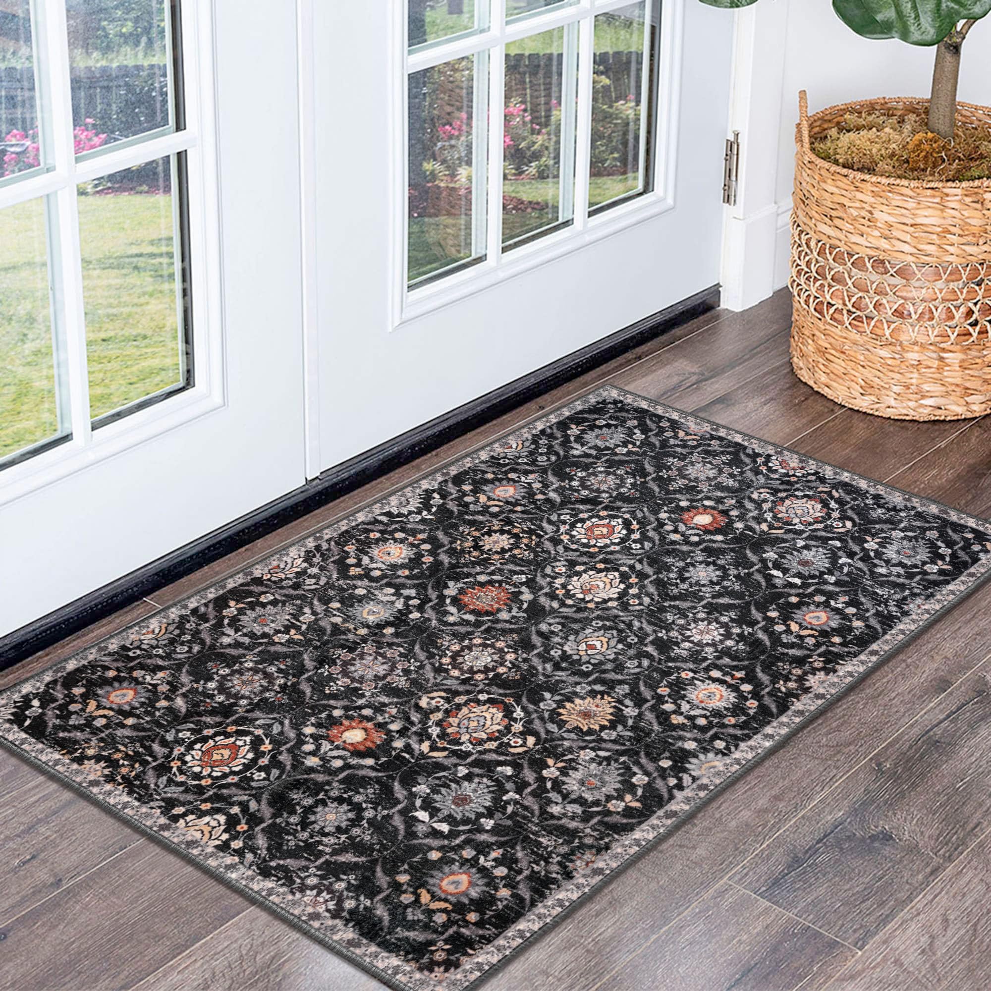 KILOCOCO 2x3 Small Area Rug, Moroccan Super Soft Entryway Rugs Indoor Vintage Washable Rug Non-Slip Indoor Door Mat, Accent Print Faux Wool Throw Rug for Kitchen Bedroom Entrance, Charcoal/Multi