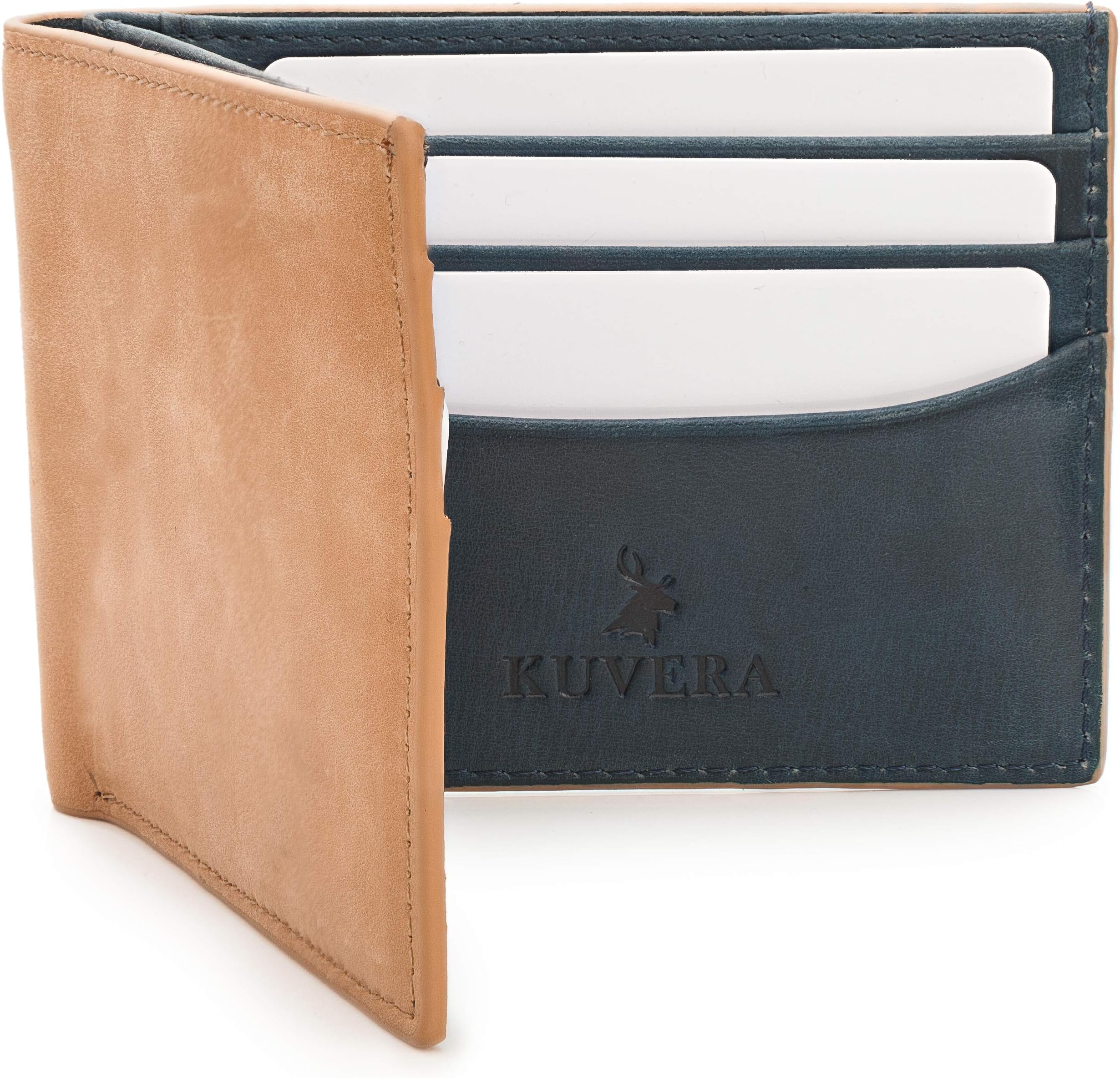 Mens Slim Minimalist Leather Wallet with RFID/NFC Contactless Card Clash Protection Blocking Security. Tan & Blue, Soft Top-Grain Leather, Gift Boxed. by Kuvera