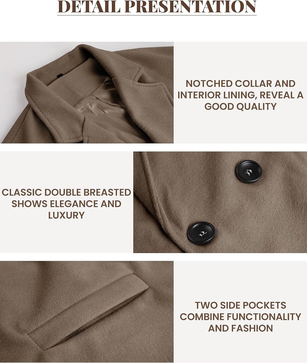 UANEO Women's Wool Blend Coat Oversized Double Breasted Long Trench Overcoat Winter