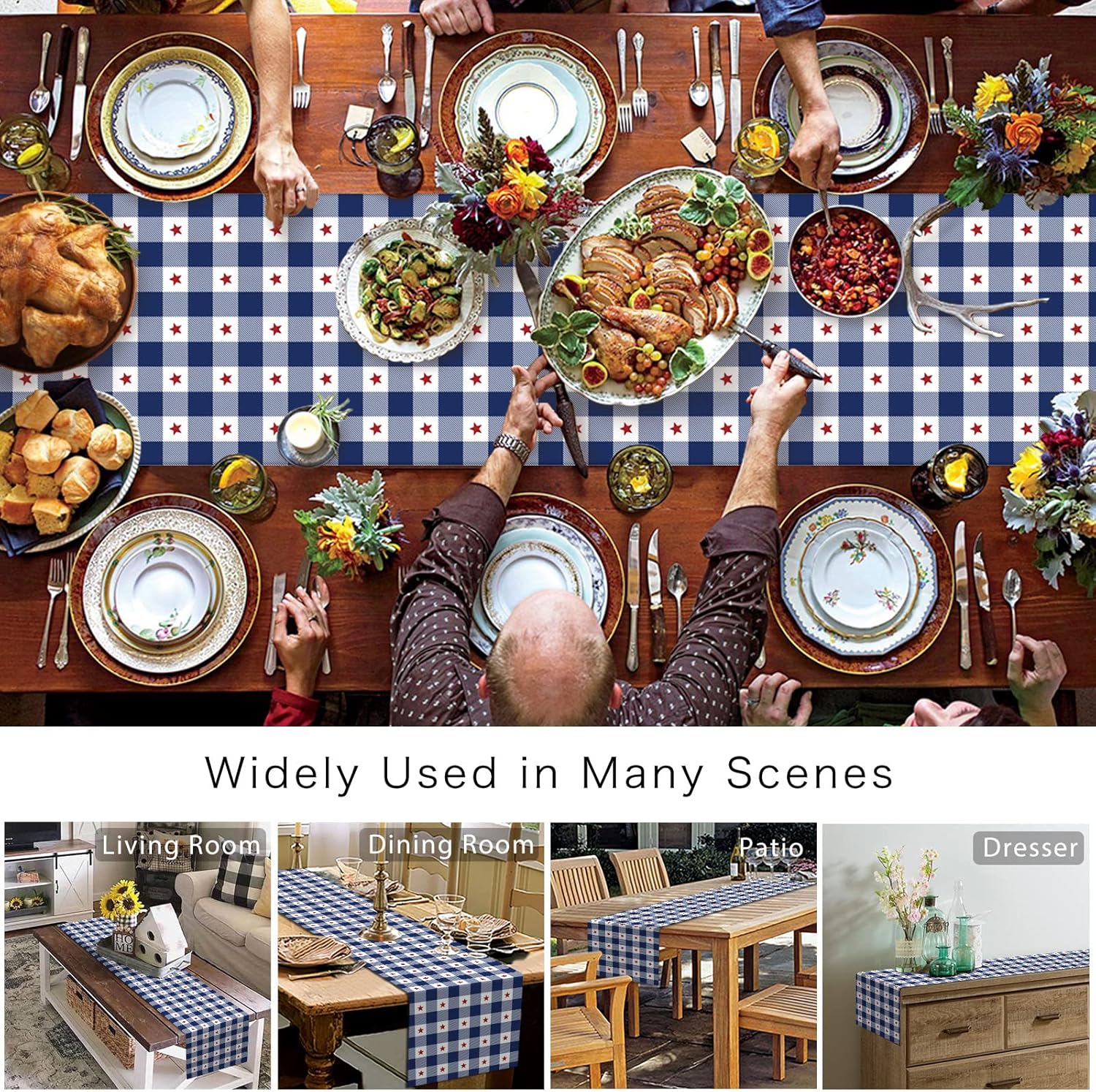 4th of July Table Runner 18x72 inches Independence Day Patriotic Stars Table Runners American Flag Dresser Scarves, Farmhouse Check PlaidTable Runners for Memorial Day Holiday Party Dining Table Decor