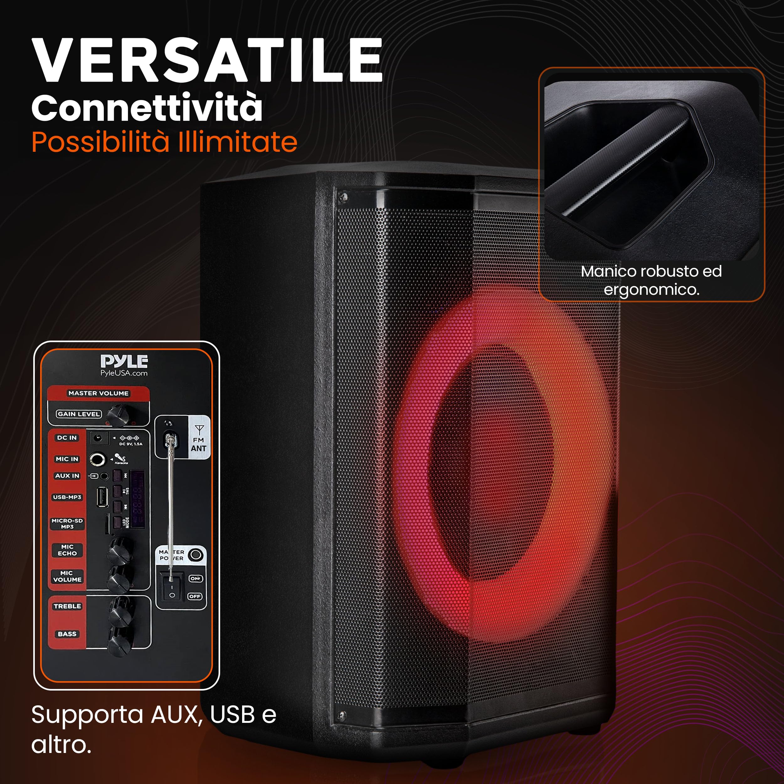 Pyle Cassa Bluetooth Potente, Altoparlante Bluetooth Portatile, Cassa Audio, Speaker, Woofer 20 cm, 120 Watt, Luci Colorate, TWS, Microfono, USB/Micro SD/FM, Tripod, Uso Interno/Esterno