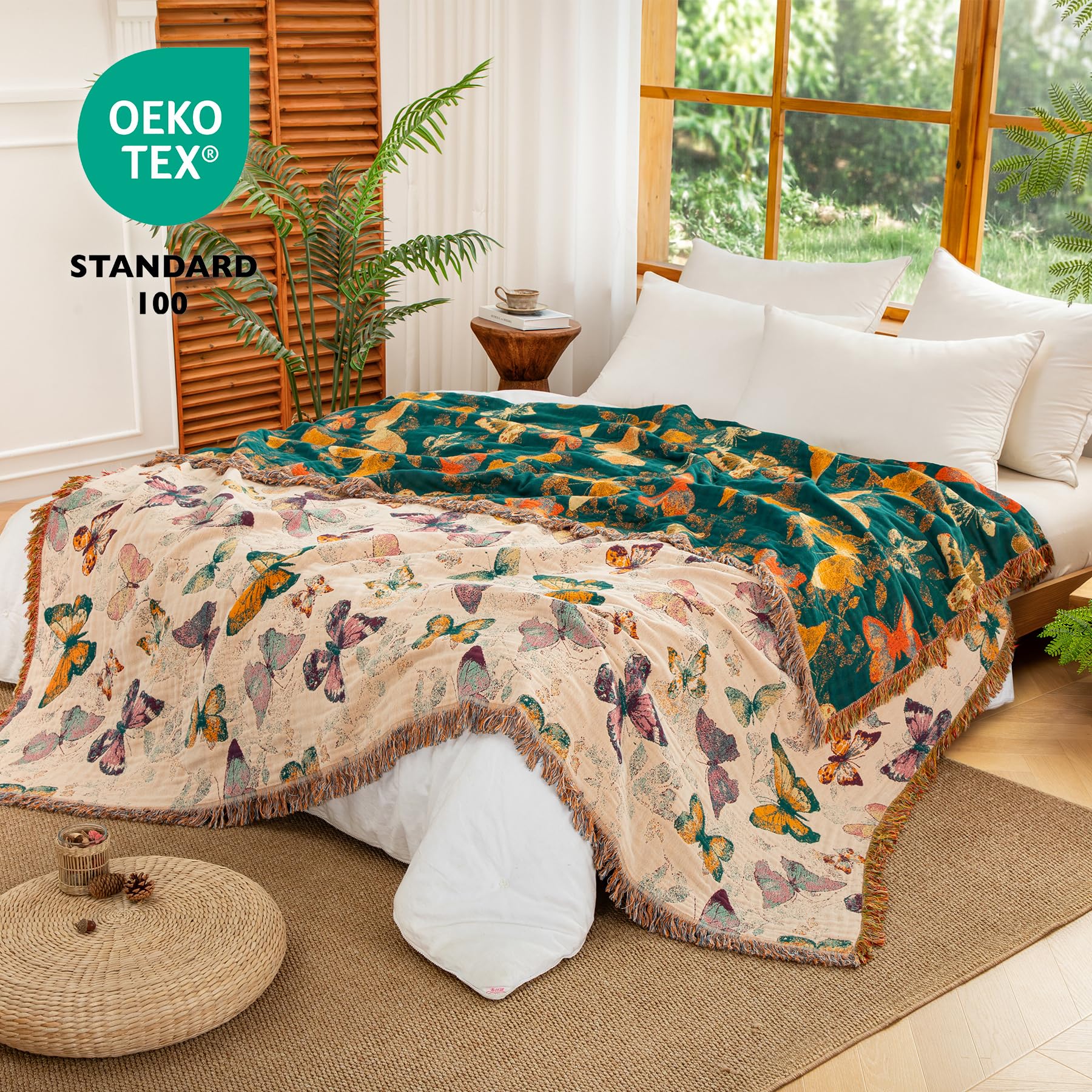 Boho Tagesdecke mit Fransen, 100% Baumwolle Doppelseitige Musselin Decke 230x250cm, Weiche Kuschelige Sofadecke & Bettüberwurf, Atmungsaktiv für Wohnzimmer Schlafzimmer Ganzjährige Nutzung