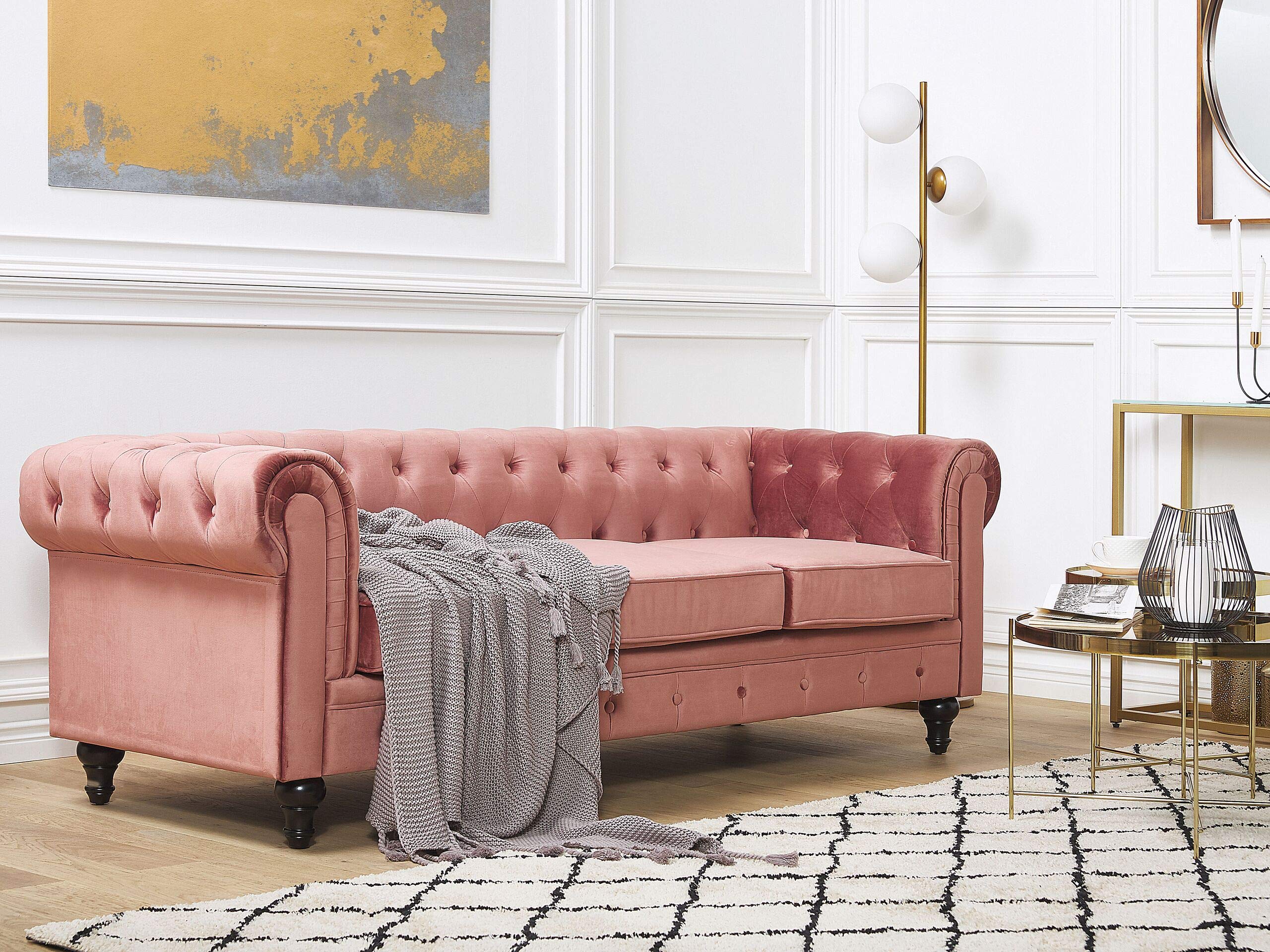 Sofá 3 plazas Chesterfield tapizado en tela de terciopelo rosa patas de madera oscura estilo contemporáneo Chesterfield