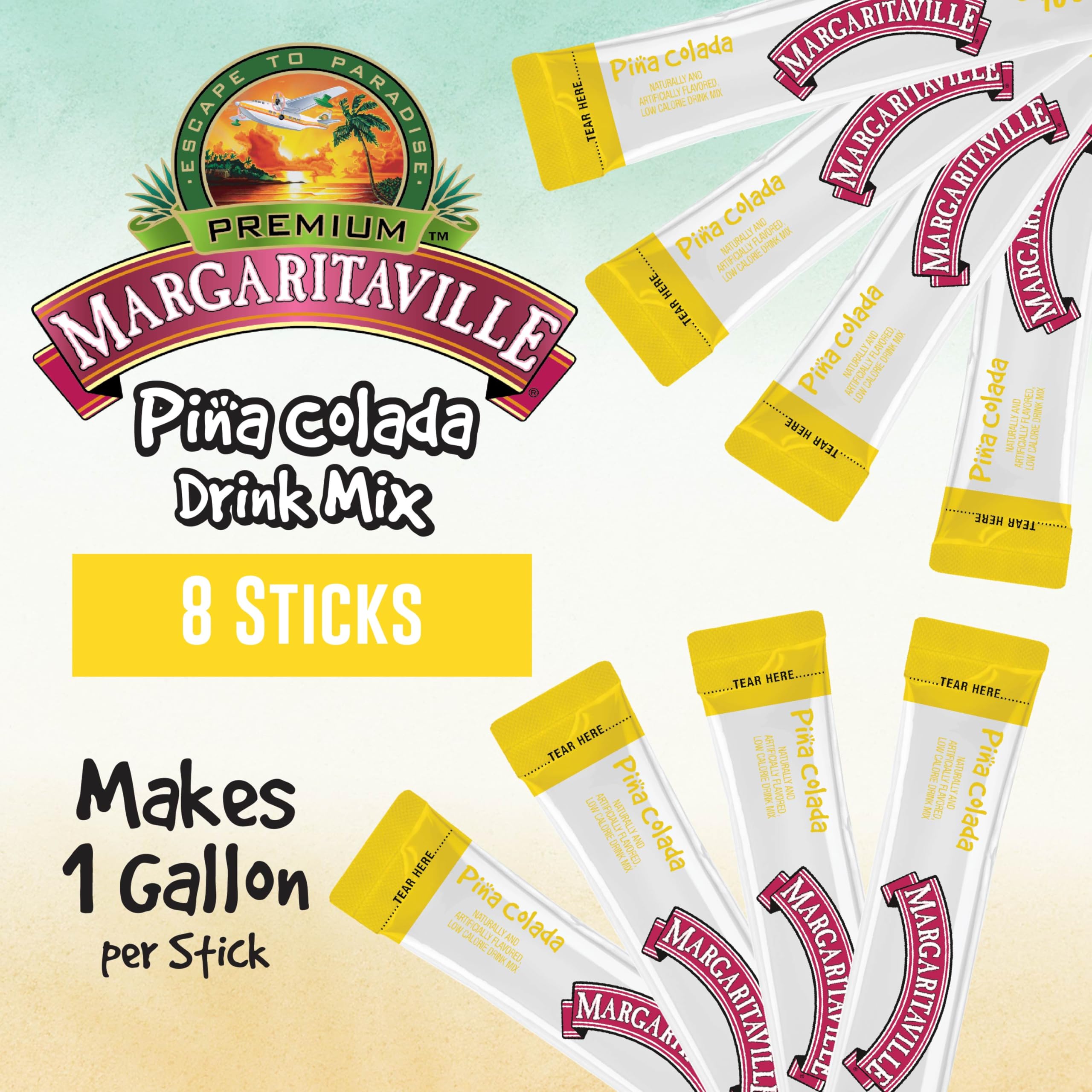 Margaritaville Gallons to Go Powdered Drink Mix, 8-Count Box– Pina Colada – Low Calorie and Zero Sugar Drink Mix, Each Stick Makes 1 Gallon-Sized Pitcher