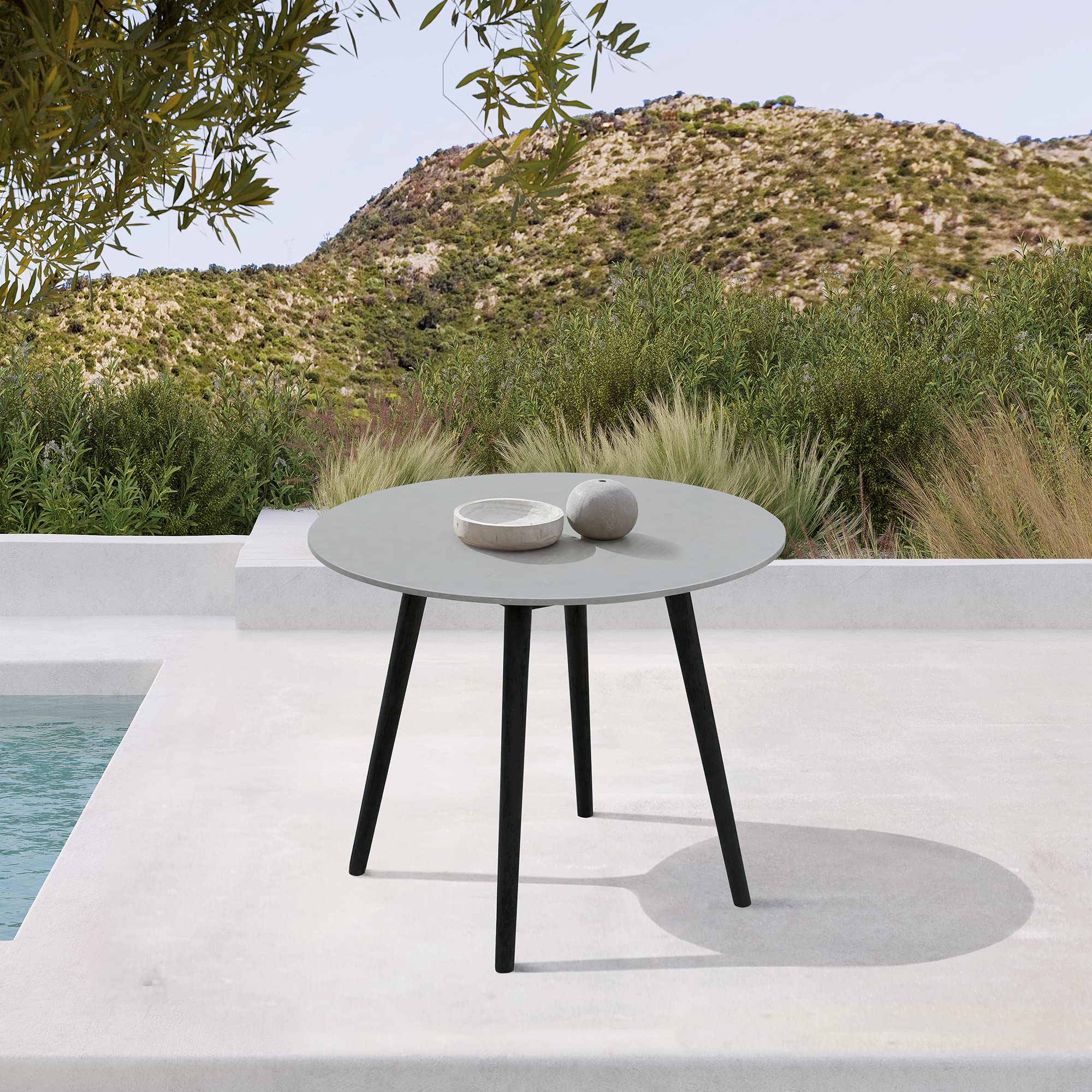 Armen Living Sydney Modern Outdoor Patio Dining Table, Black Eucalyptus and Super Stone