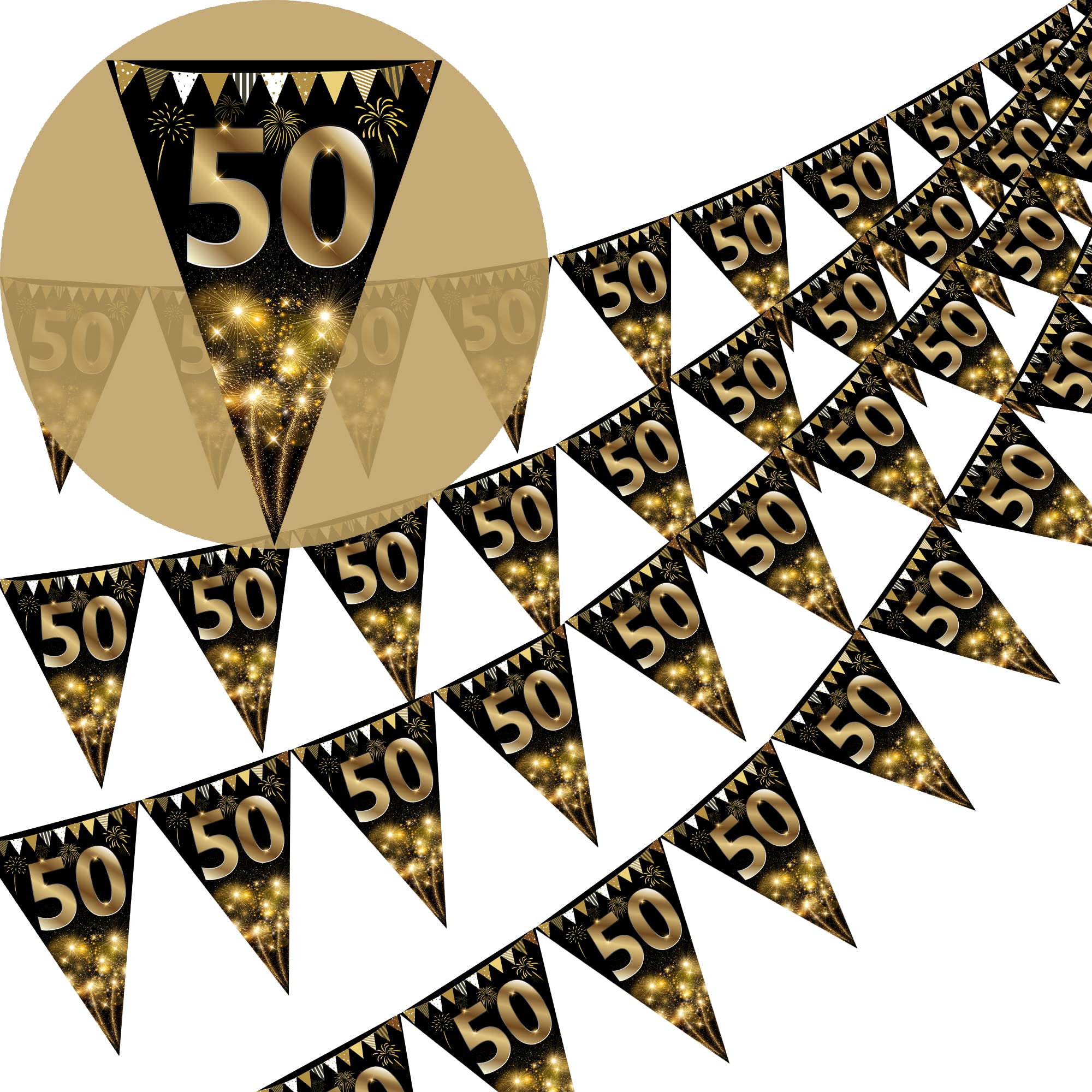40Pcs Happy 50th Birthday Banner Bunting Flags Gold and Black Glitter 50th Birthday Anniversary Party Decoration Supplies,50th Birthday Triangle Flag Banners for Men Women