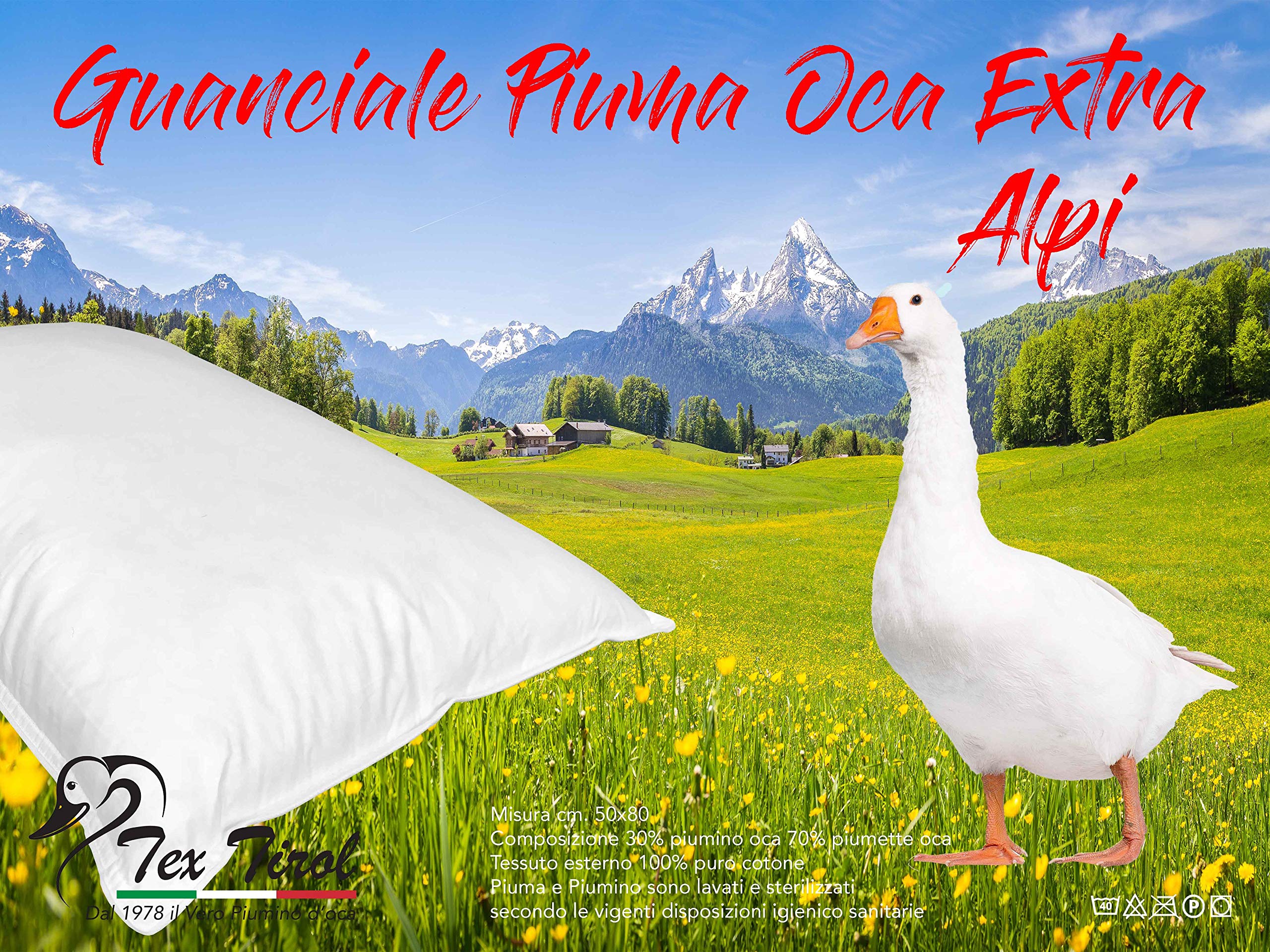 Tex Tirol Alpi - Guanciale Rettangolare Piuma Oca, Bianco, 50 x 80 cm, 1 pezzo