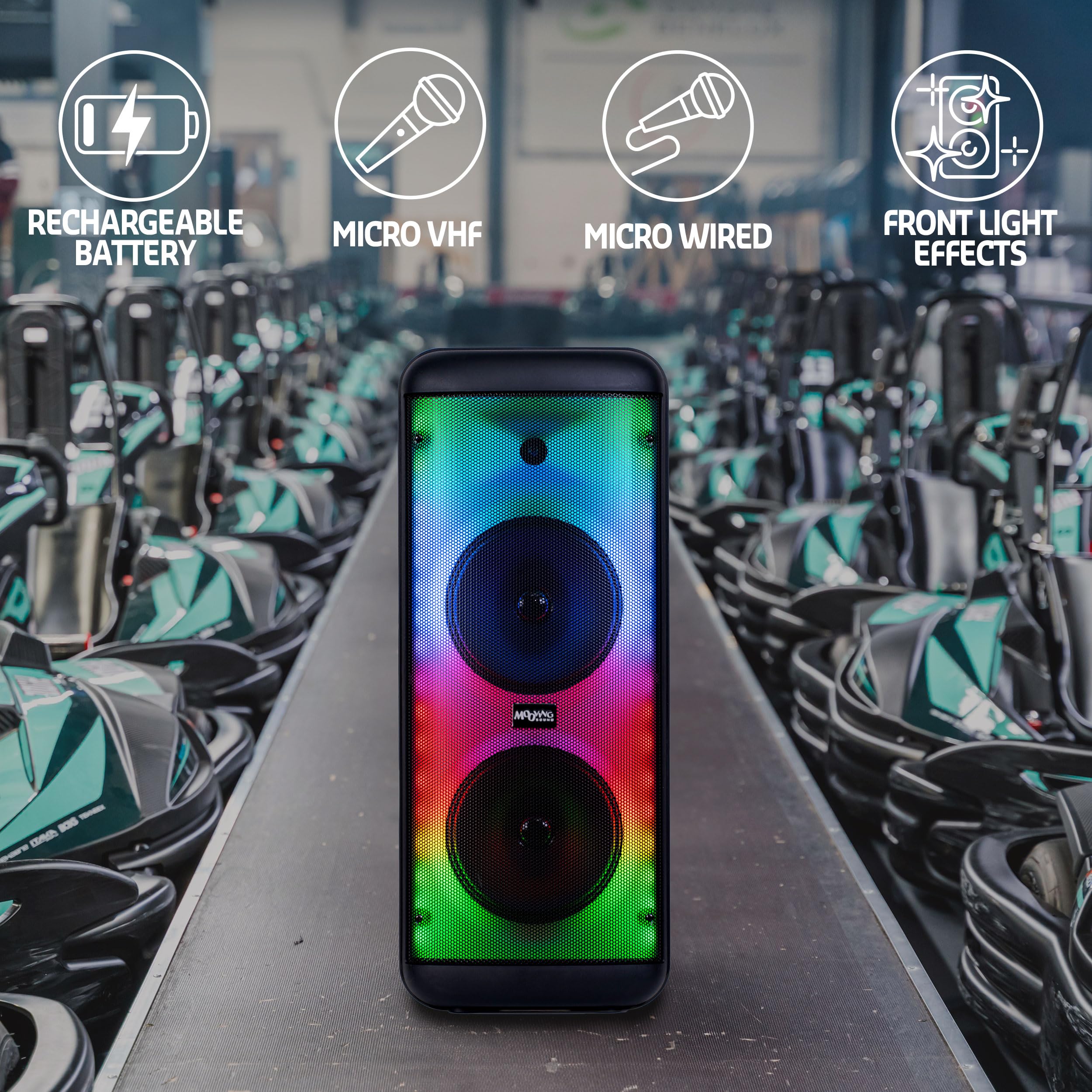 Mooving - MS-ELECTRO-SOUND600 - Altoparlante a batteria da 8"/600W con effetto luce sul pannello frontale, 1 microfono cablato e 1 wireless - Bluetooth/USB/AUX/MicroSD - Nero