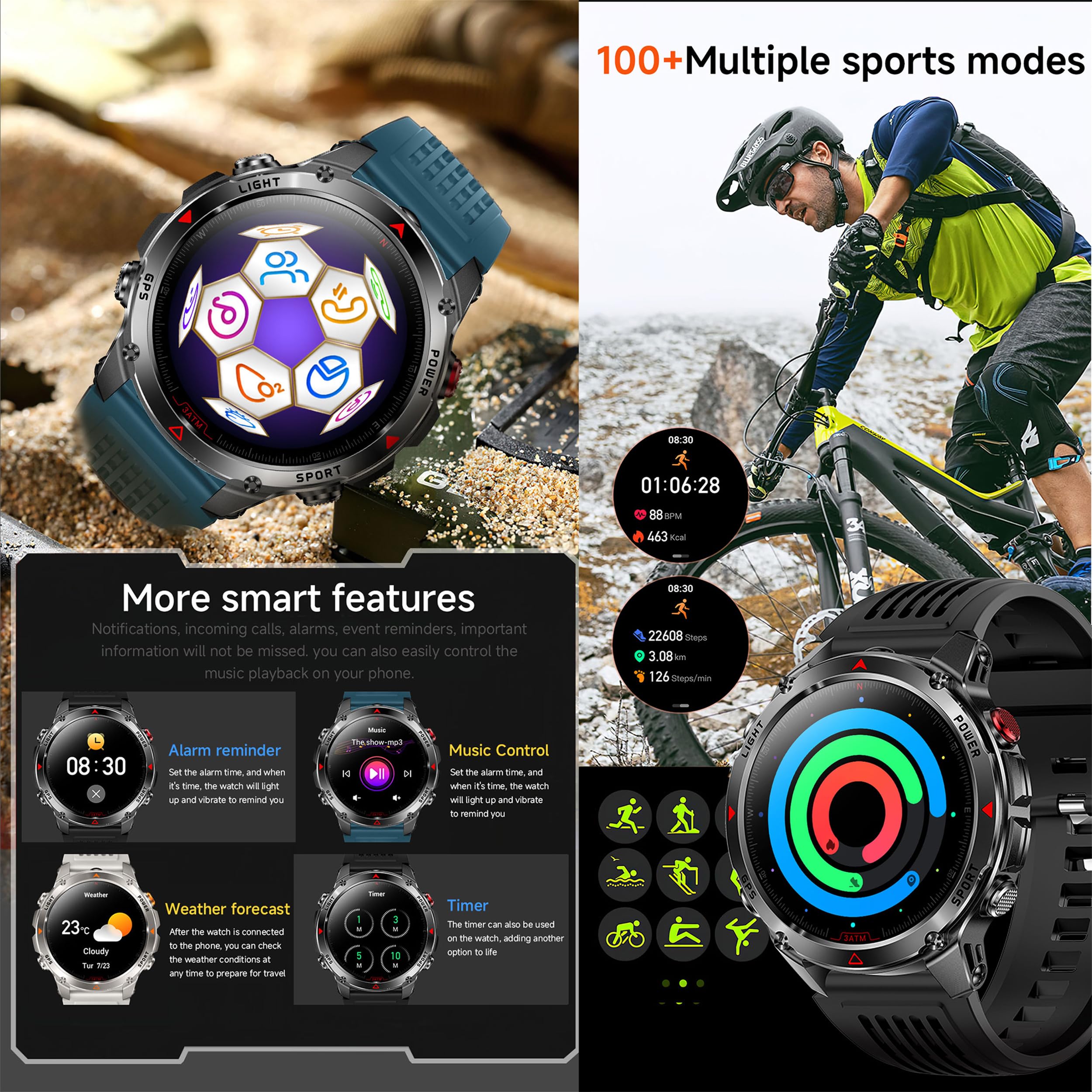 Reloj Inteligente Hombre con Llamadas, 1,46 Pulgada Smartwatc Hombre Deportivo con Podometro Pulsometro SpO2 Sueño Presion Arterial Actividad IP68 Reloj Digital para iOS Android (Plateado)