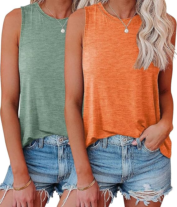 KKJ 2 Pack Womens Tank Tops Workout Tees Summer Clothes Fashion Outfits Crew Neck Sleeveless Loose Fit Fall Casual Shirts