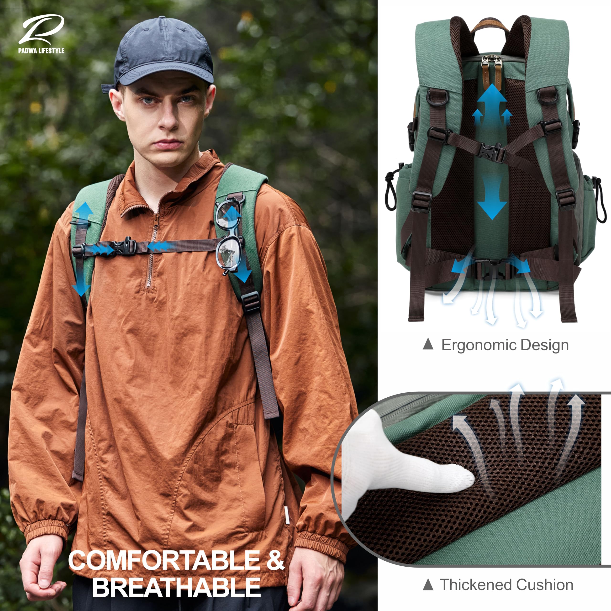 Padwa Lifestyle Kamerarucksack - Gewachstem Memory Canvas Kamerarucksack mit 16“ Laptop-/Objektivfach und Stativfach für Fotografen