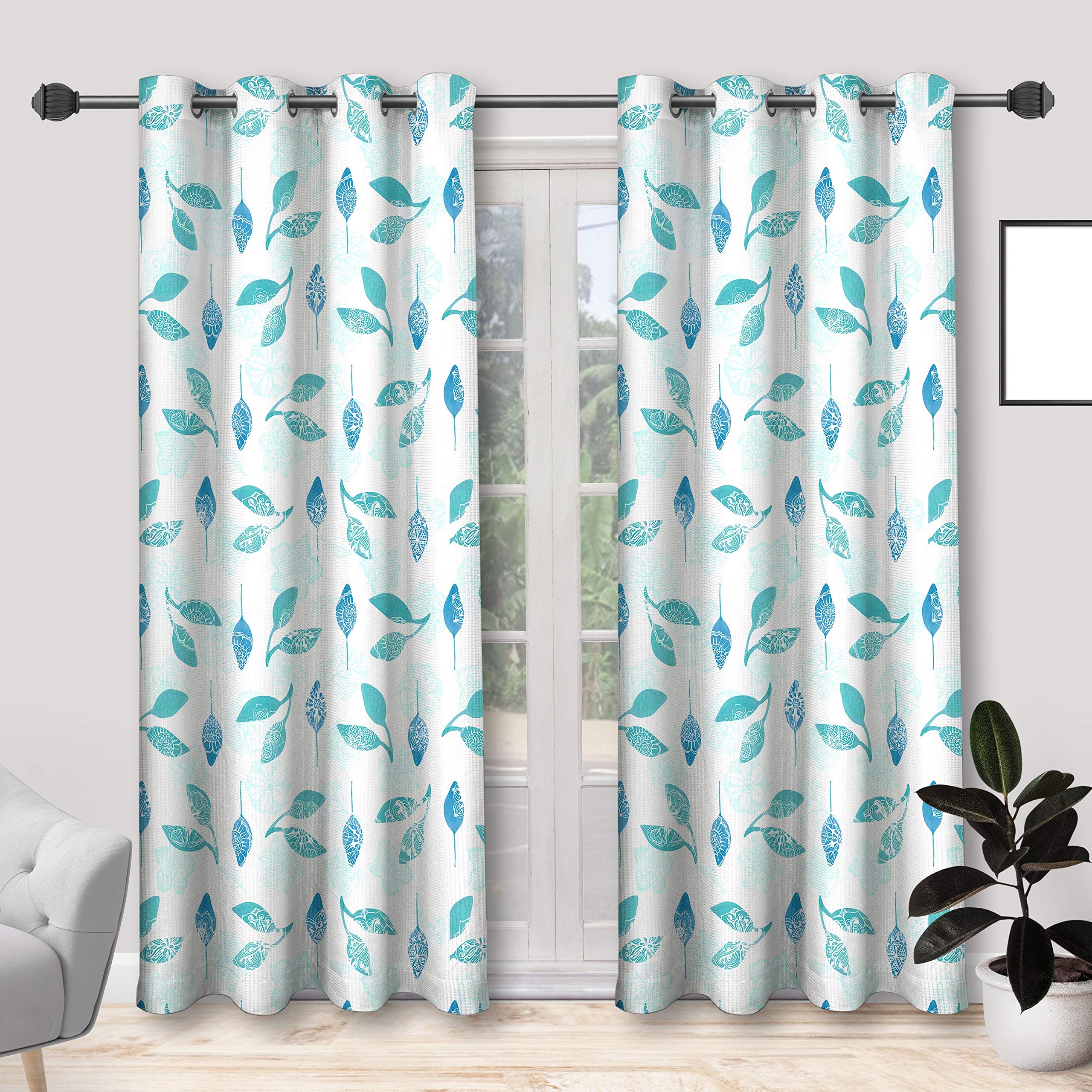StyleWorth 2 Piece White and Blue Color Leaf 3D Digital Printed Polyester Eyelet 4 x 7 feet Door Curtains