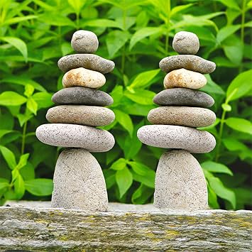 Ancient Graffiti Seven Stone Cairn, 10 H, Pack of 2 Handcrafted River Rock Stacked Stone Sculptures, Natural Garden Statues & Outdoor Decorative Yard Art