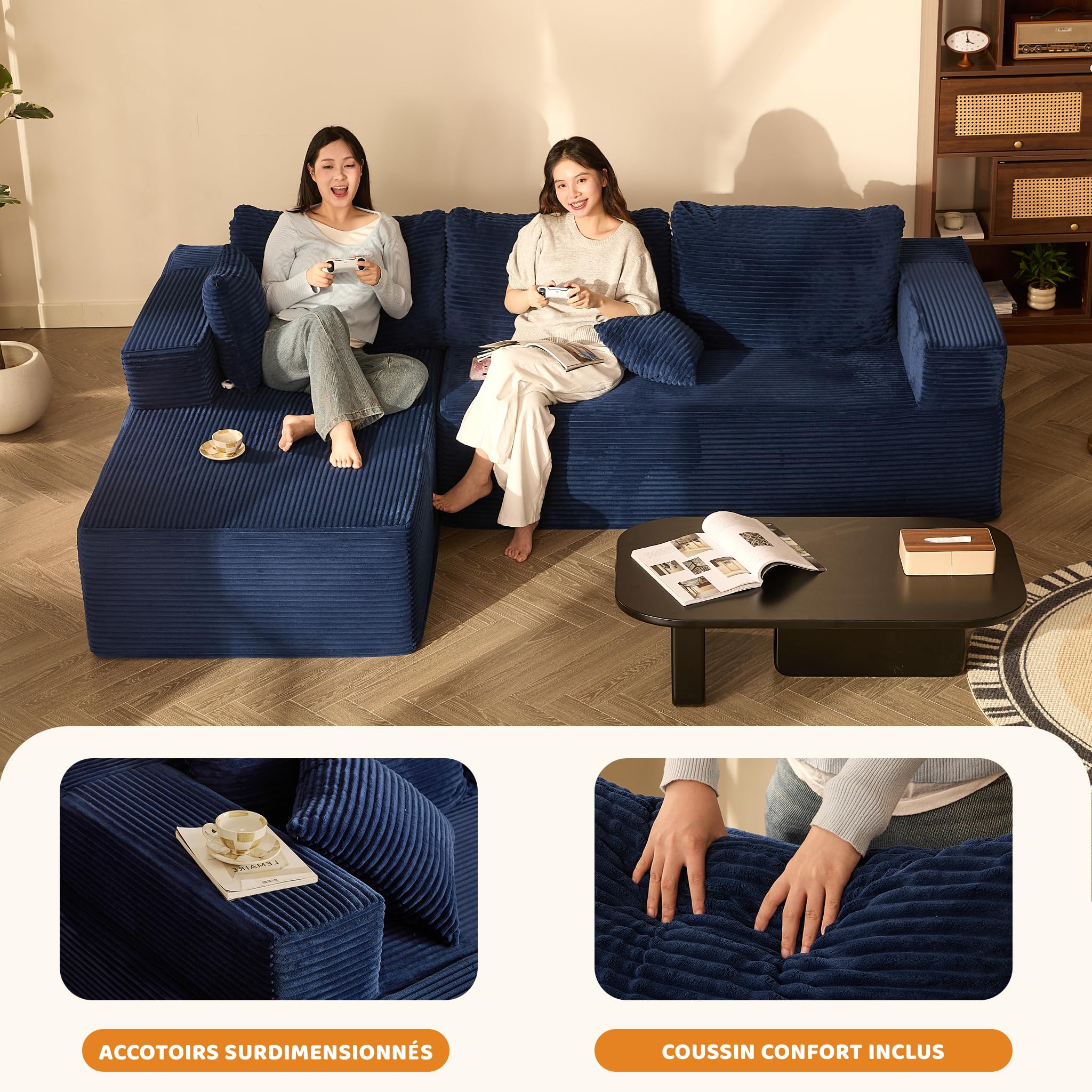 Canapé d’Angle modulable en L avec Fonction lit – Grand canapé Convertible rembourré en Tissu côtelé – Canapé-lit Confortable pour Salon,Bleu Marine | Méridienne Gauche, Assise Profonde, Sans Montage, Mousse Haute Densité, Soutien Stable