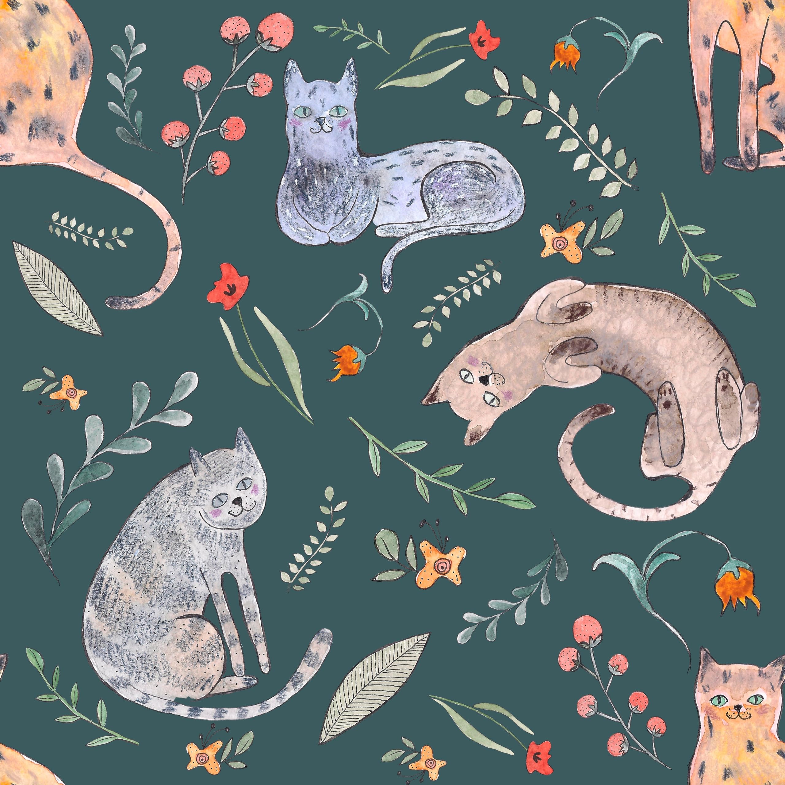 Cat Animals Wallpaper Peel and Stick Watercolor Whimsical Green Cute Children Botanical Leaf Self Adhesive Removable Waterproof Wallpaper Contact