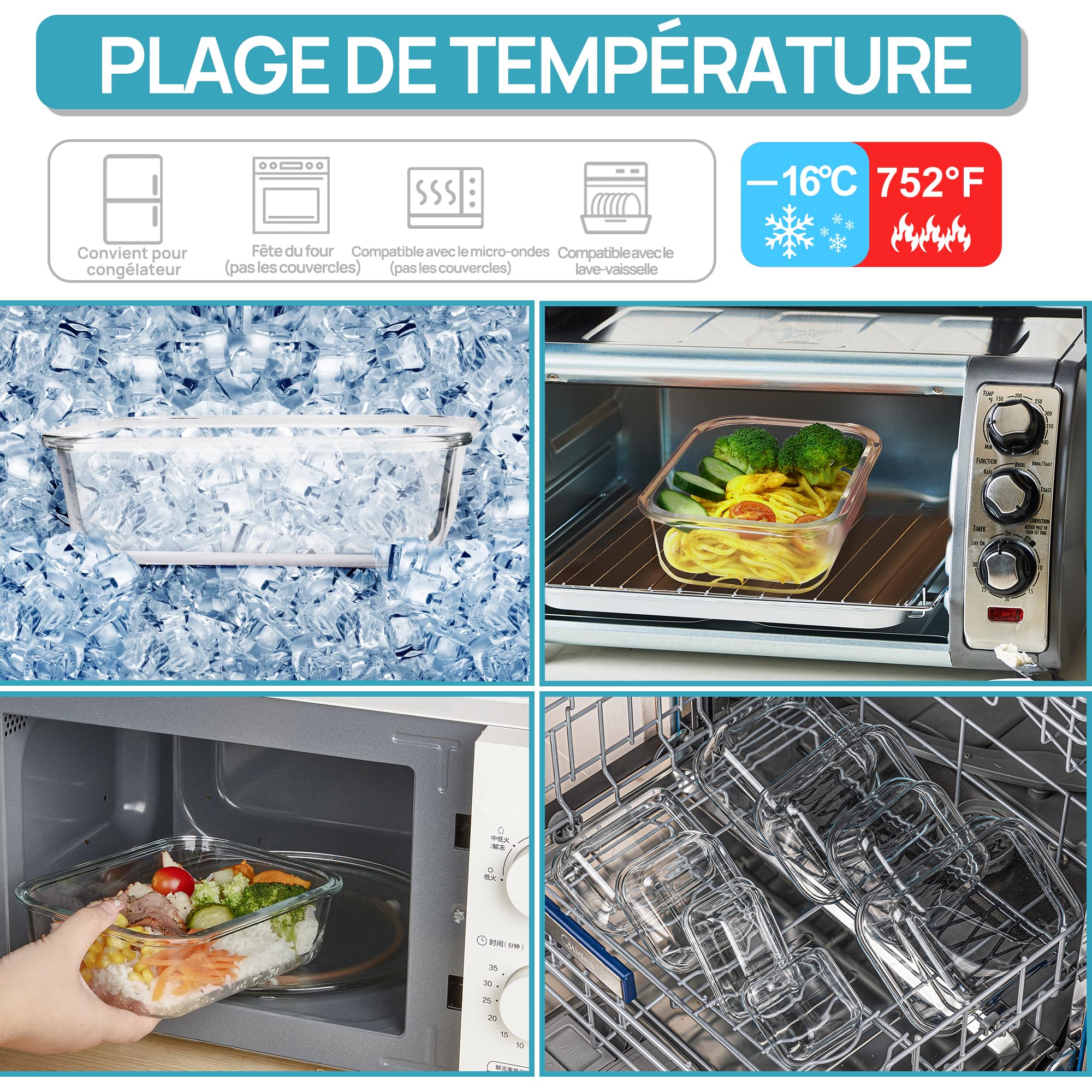 Vtopmart Lot de 5 Lunch Box Verre, 1035ml Boite Alimentaire Verre avec Couvercle, Meal Prep Containers, Hermétique Et Réutilisable, Compatible Four, Micro-Ondes, Congélateur Et Lave-Vaisselle