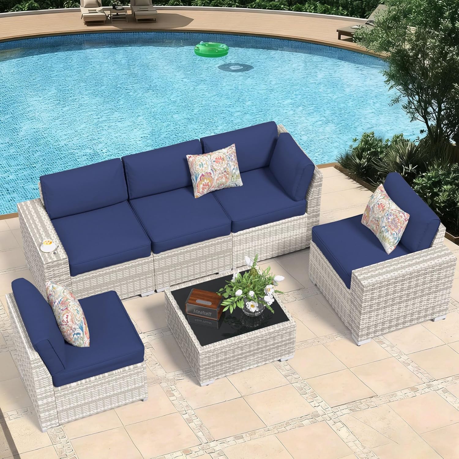 6 Pieces Wide Armrest Patio Furniture Set, Rattan Sectional Furniture with Thickened Cushions, Outdoor Patio Conversation Sets for Backyard, Poolside, Garden, Off-White & Navy Blue, Set of 6
