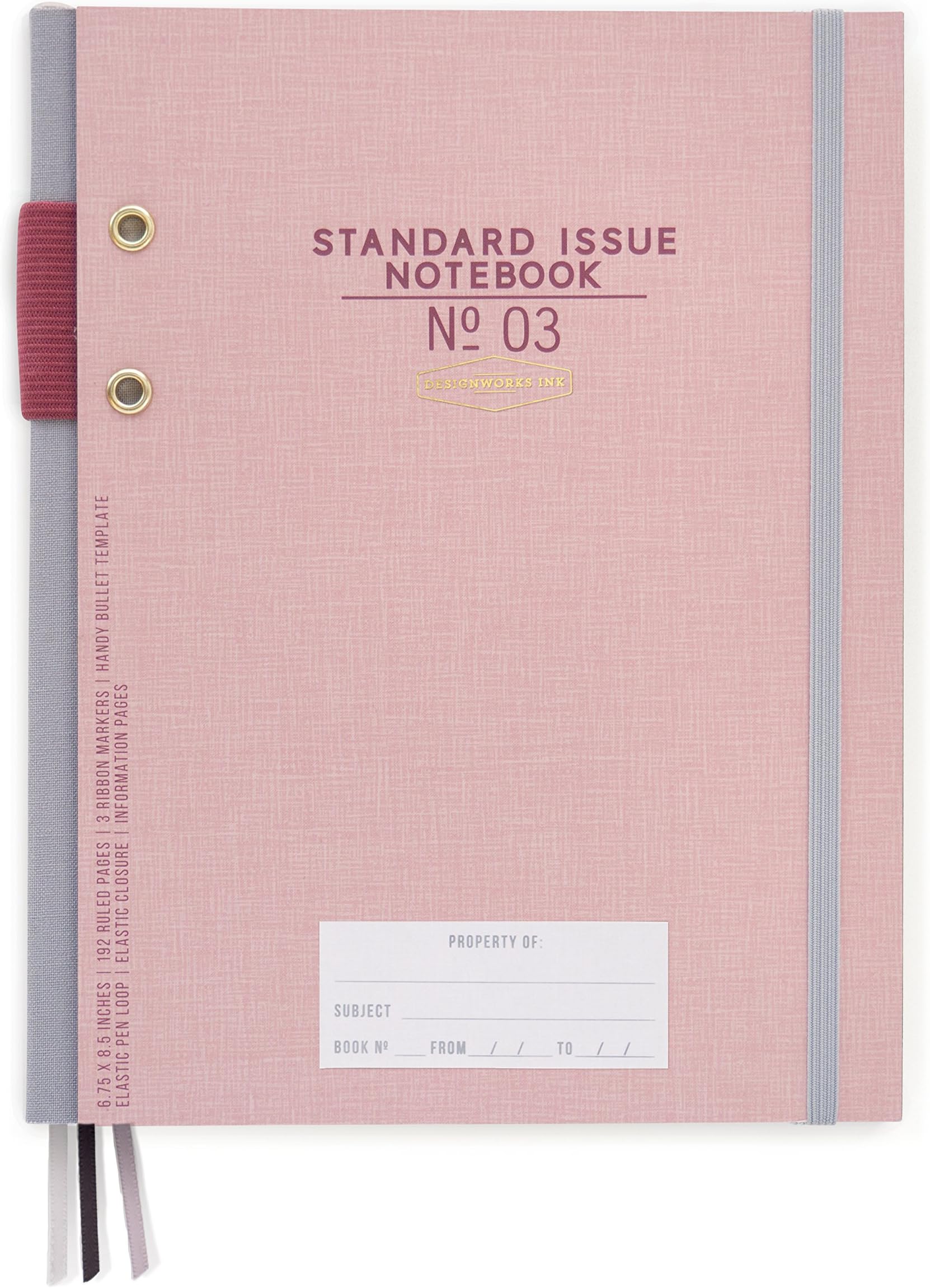 DesignWorks InkStandard Issue Pink Planner Notebook No. 3 Journal with Lined Pages, Elastic Closure, Pen Holder, and 3 Ribbon Marker for Work, Writing, Journaling, 6.75" x 8.5"