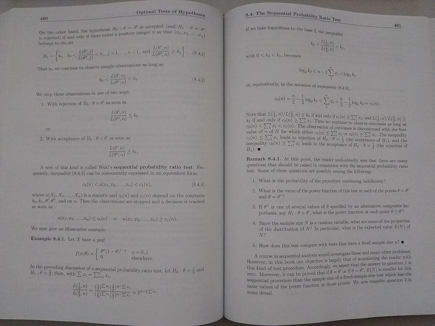 An open page from Chapter 8.4 of the textbook, titled 'The Sequential Probability Ratio Test', displaying mathematical formulas and problem descriptions.