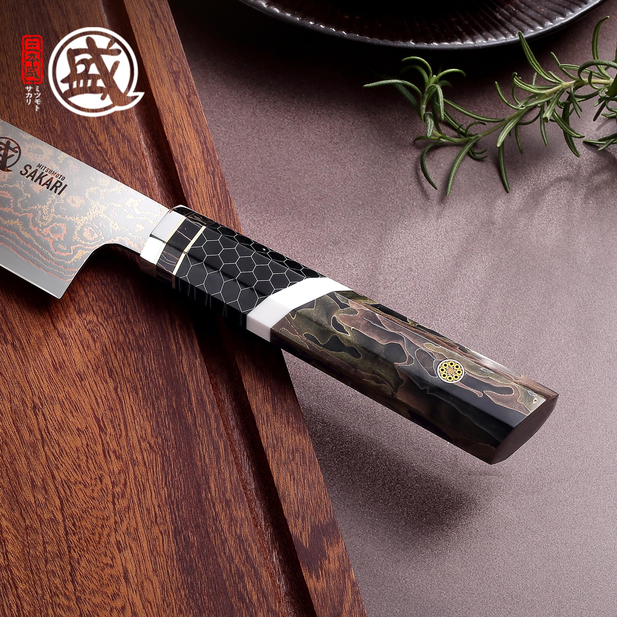 MITSUMOTO SAKARI Nóż Gyuto 21 cm, Nóż Szefa Kuchni z Damasceńskiej Stali | Uniwersalny Nóż Kuchenny, Wysokiej Twardości HRC 60±1, Ręcznie Kutym Rdzeniem Stalowym