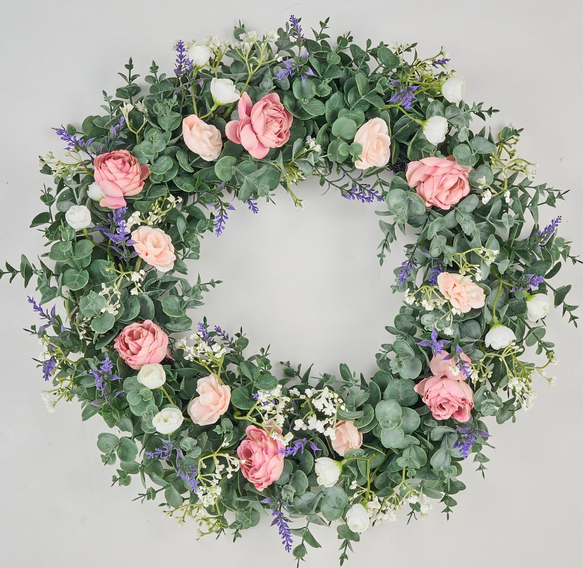 Avoeco B Rose Artificial Wreath For Front Door Decor- Year-Round Greenery, 21" Eucalyptus Spring & Summer Decorative Wreath With Flowers, Perfect For Farmhouse, Weddings & Seasonal Décor (B Rose)