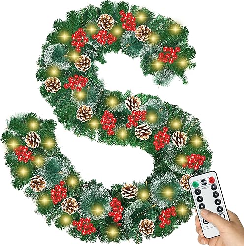 Control remoto y temporizador Guirnalda de Navidad de 9 pies, guirnalda de cedro con 100 luces LED, guirnalda de pino de 9 modos de luz, guirnalda