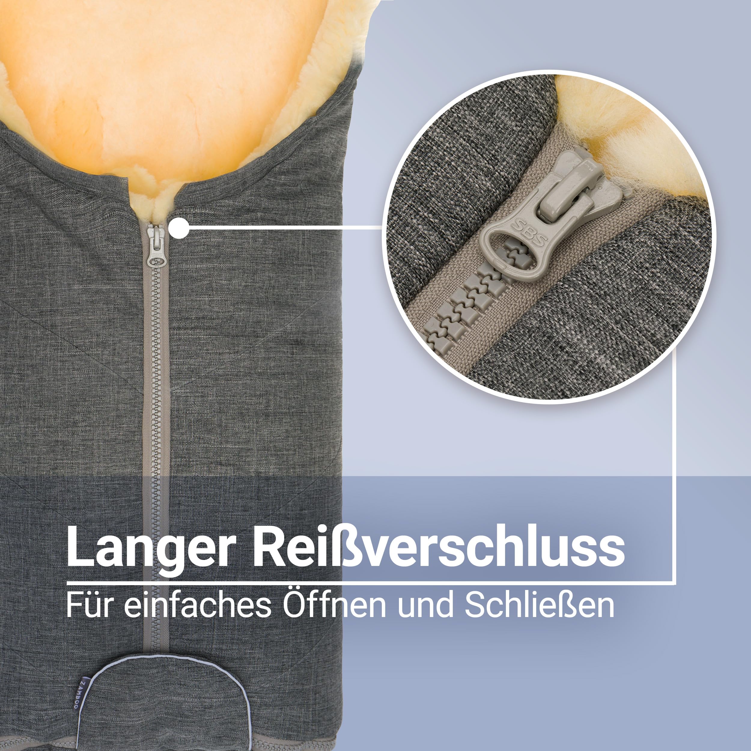 Zamboo Lammfell Fußsack für Babyschale und Kinderwagen Wanne - Universal Baby Winterfußsack aus Merino Lammwolle, für 3 Punkt und 5 Punkte Gurte - Grau | Universal Baby Winterfußsack aus Merino Lammwolle, für 3 Punkt und 5 Punkte Gurte